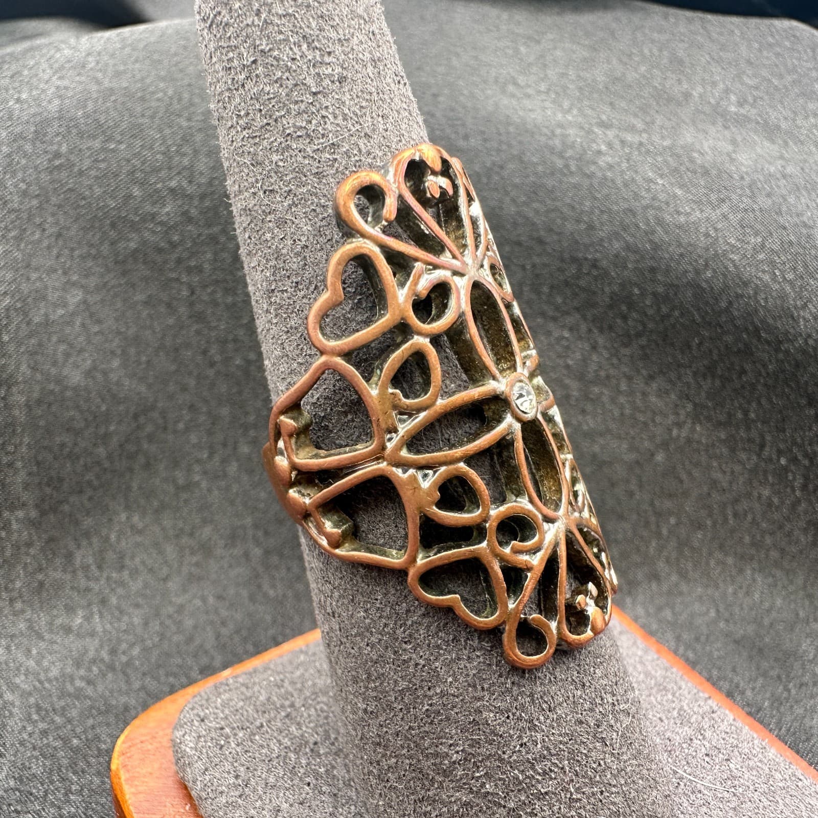 Vintage Y2K Copper Tone Cutout Filigree Clear Rhinestone Statement Ring Jewelry - Thumbnail 6