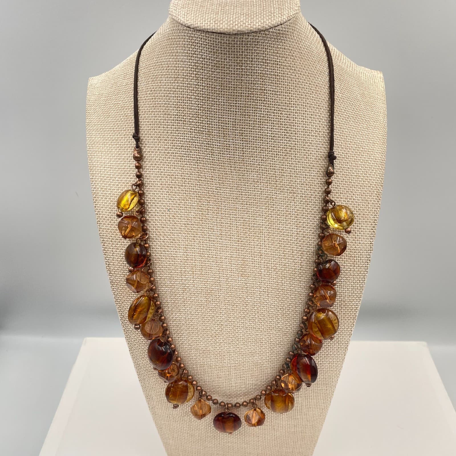 Vtg Amber Glass Bead Fringe Statement Necklace Copper Tone Ball Chain Boho Chic - Image 1