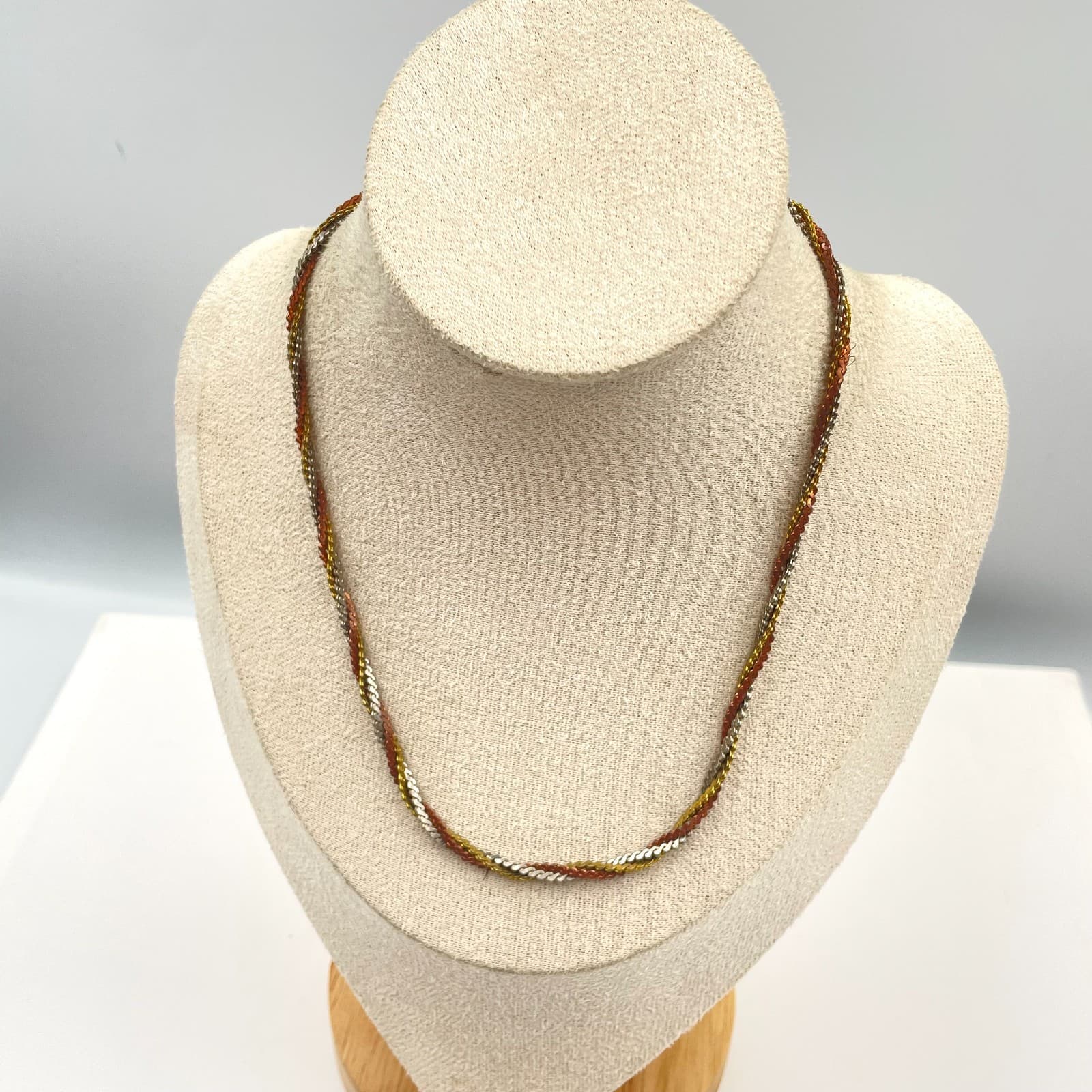 Vtg Tri-Color Gold Silver Copper Toned Woven Mesh Braided Herringbone Necklace - Image 1