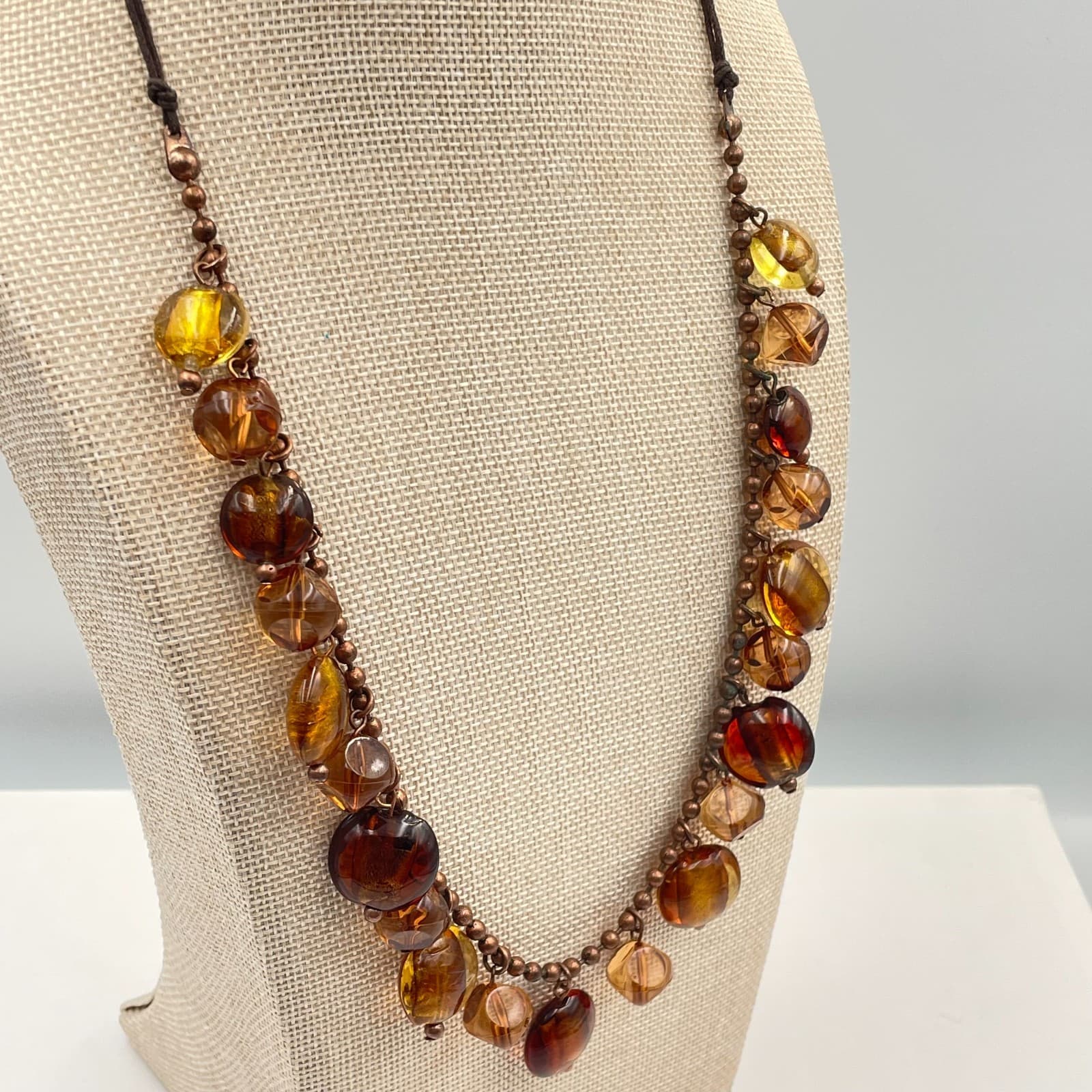 Vtg Amber Glass Bead Fringe Statement Necklace Copper Tone Ball Chain Boho Chic - Thumbnail 5