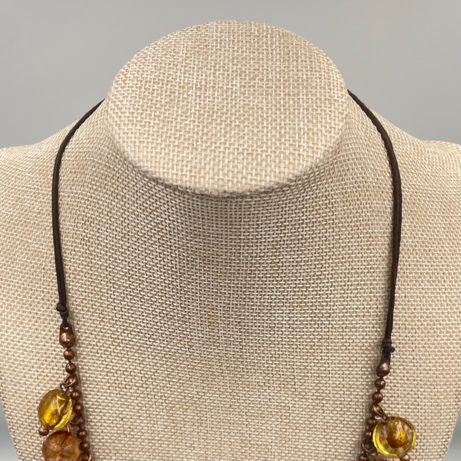 Vtg Amber Glass Bead Fringe Statement Necklace Copper Tone Ball Chain Boho Chic - Thumbnail 2