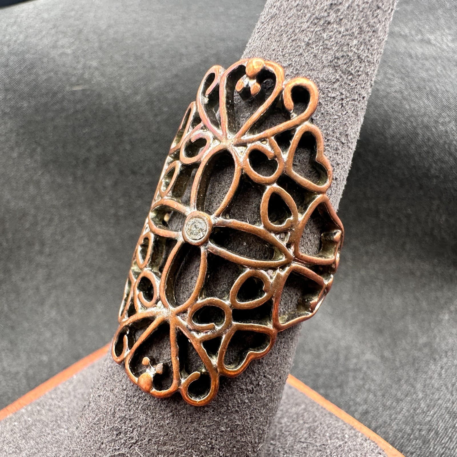 Vintage Y2K Copper Tone Cutout Filigree Clear Rhinestone Statement Ring Jewelry - Thumbnail 7