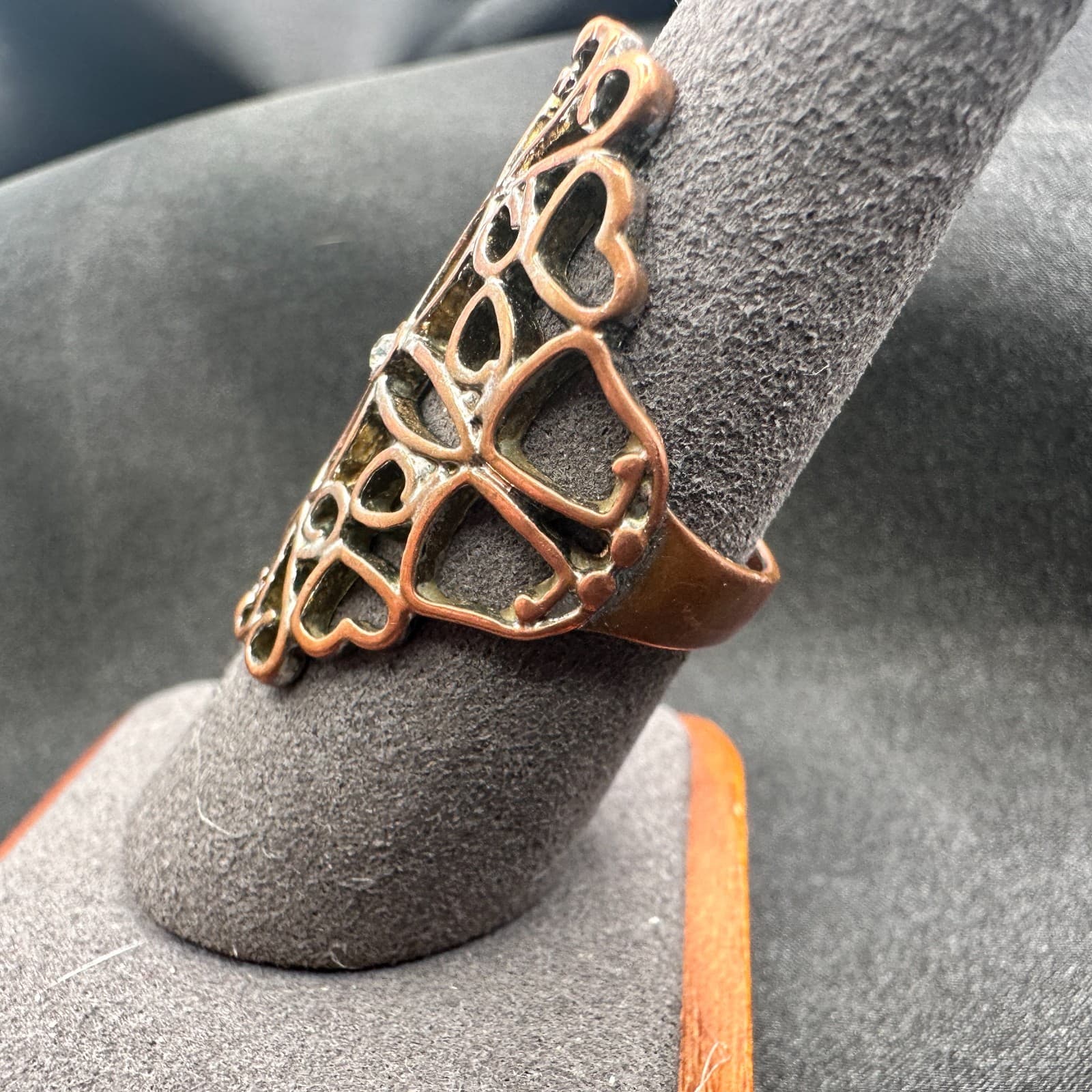 Vintage Y2K Copper Tone Cutout Filigree Clear Rhinestone Statement Ring Jewelry - Thumbnail 8