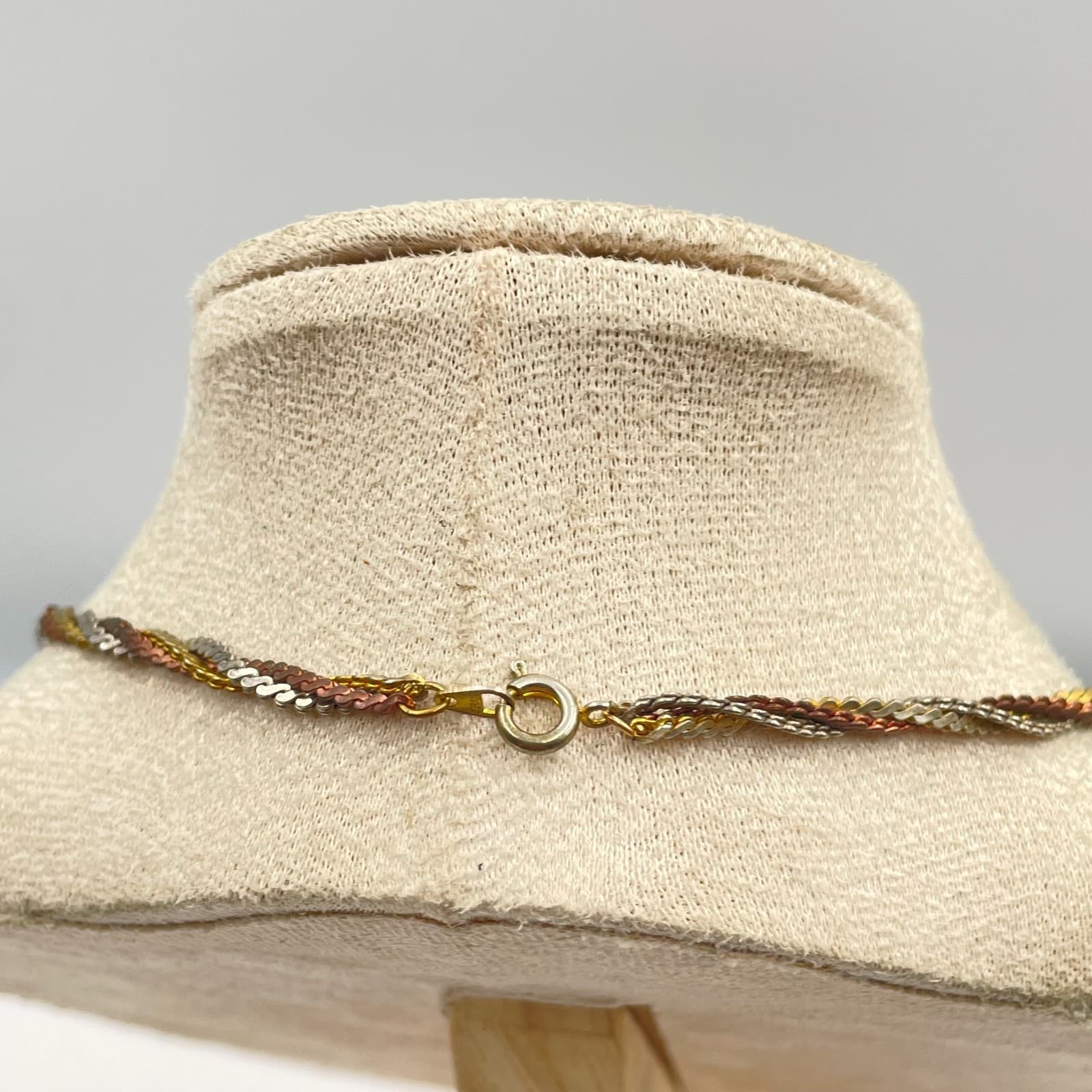 Vtg Tri-Color Gold Silver Copper Toned Woven Mesh Braided Herringbone Necklace - Thumbnail 6