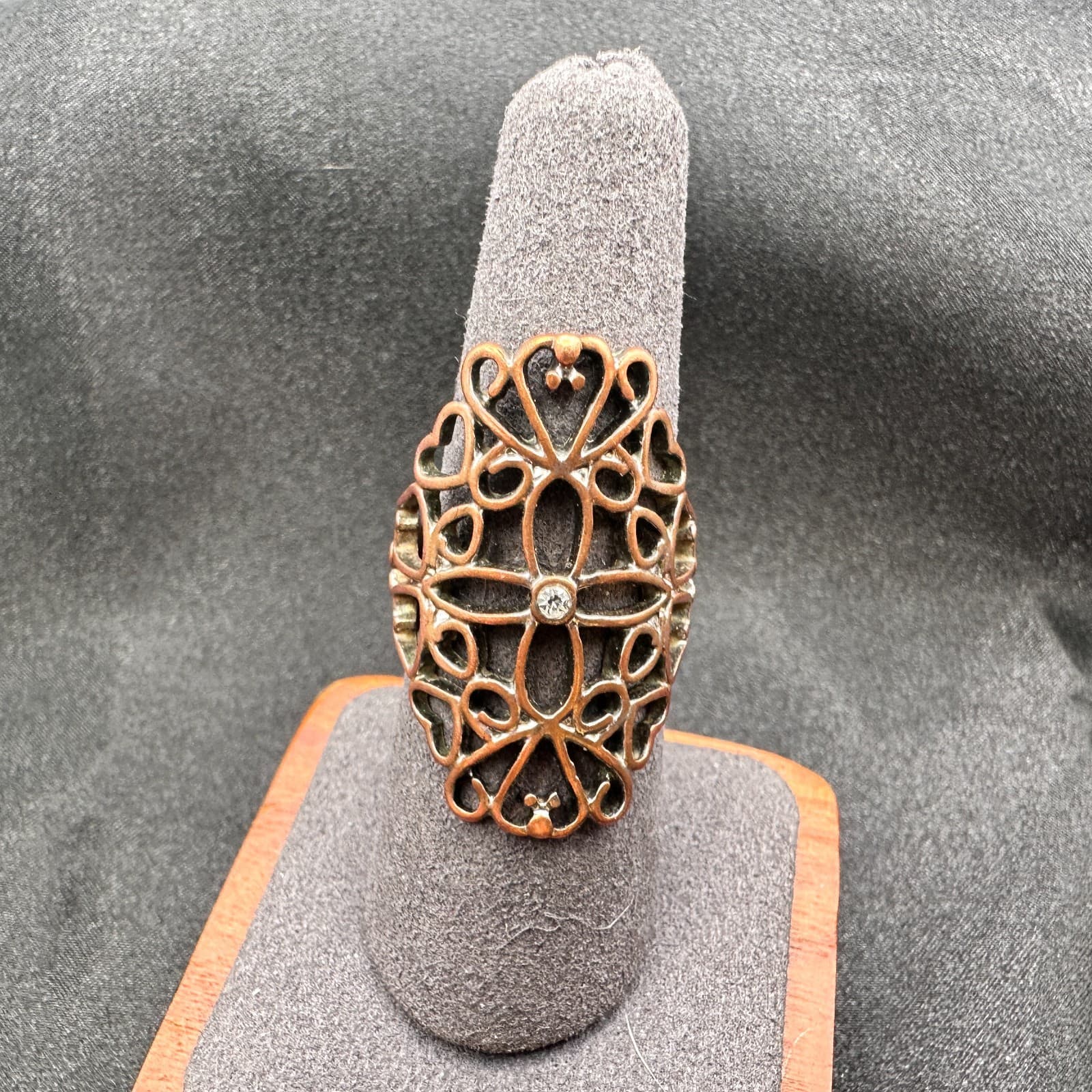 Vintage Y2K Copper Tone Cutout Filigree Clear Rhinestone Statement Ring Jewelry - Thumbnail 9
