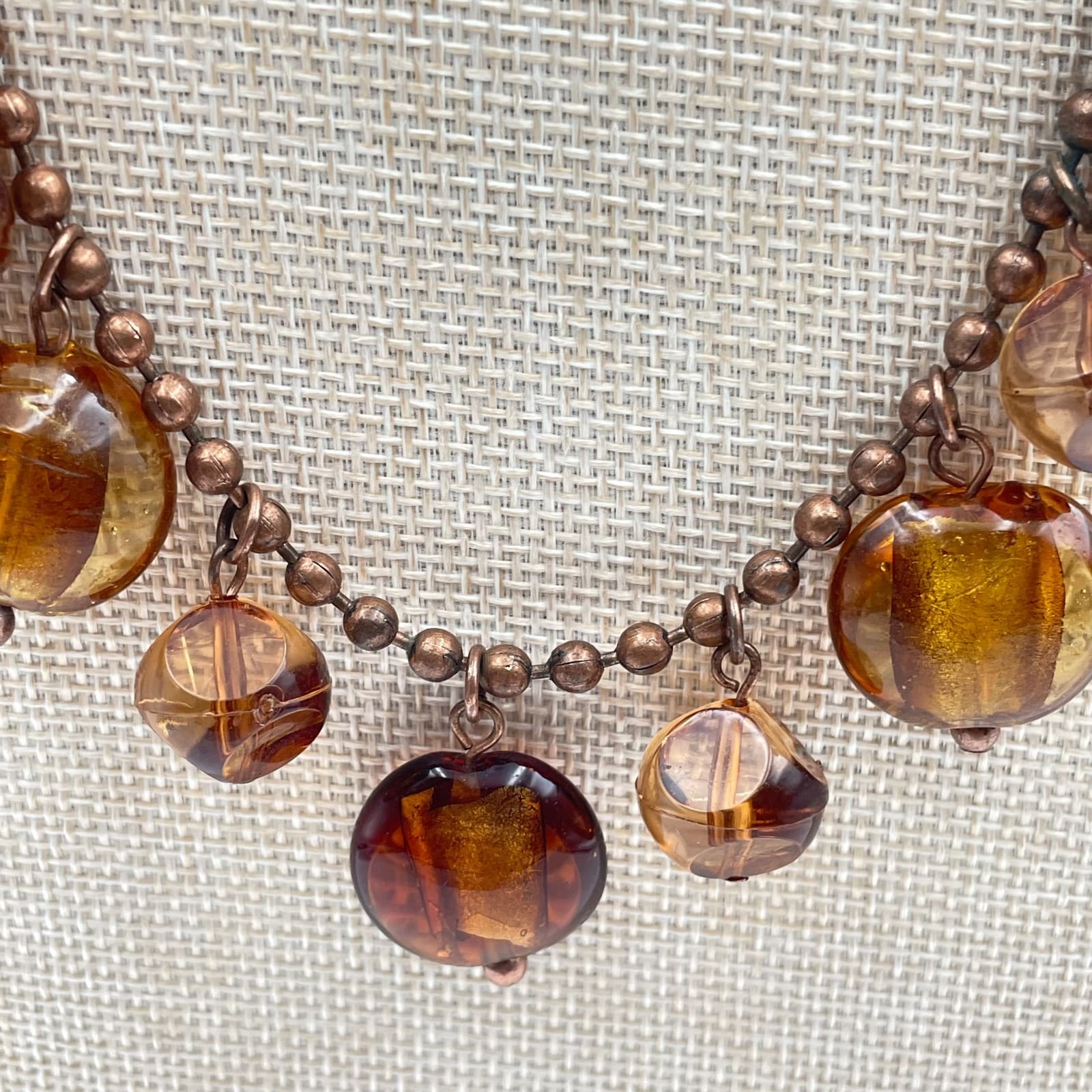 Vtg Amber Glass Bead Fringe Statement Necklace Copper Tone Ball Chain Boho Chic - Thumbnail 4