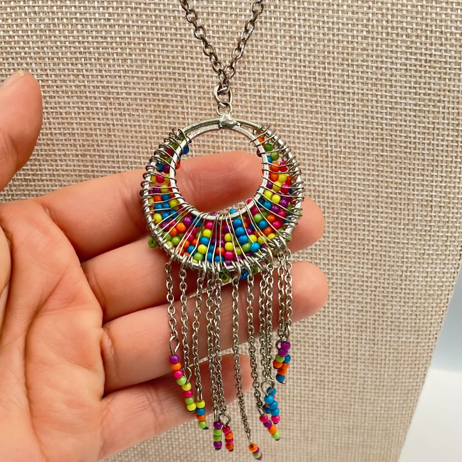 Vtg Boho Multi-Color Seed Bead Circle Fringe Tassel Necklace Silver Tone Chain - Thumbnail 5