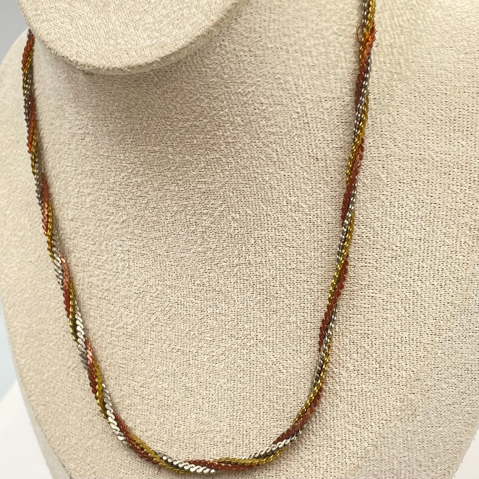 Vtg Tri-Color Gold Silver Copper Toned Woven Mesh Braided Herringbone Necklace - Thumbnail 4