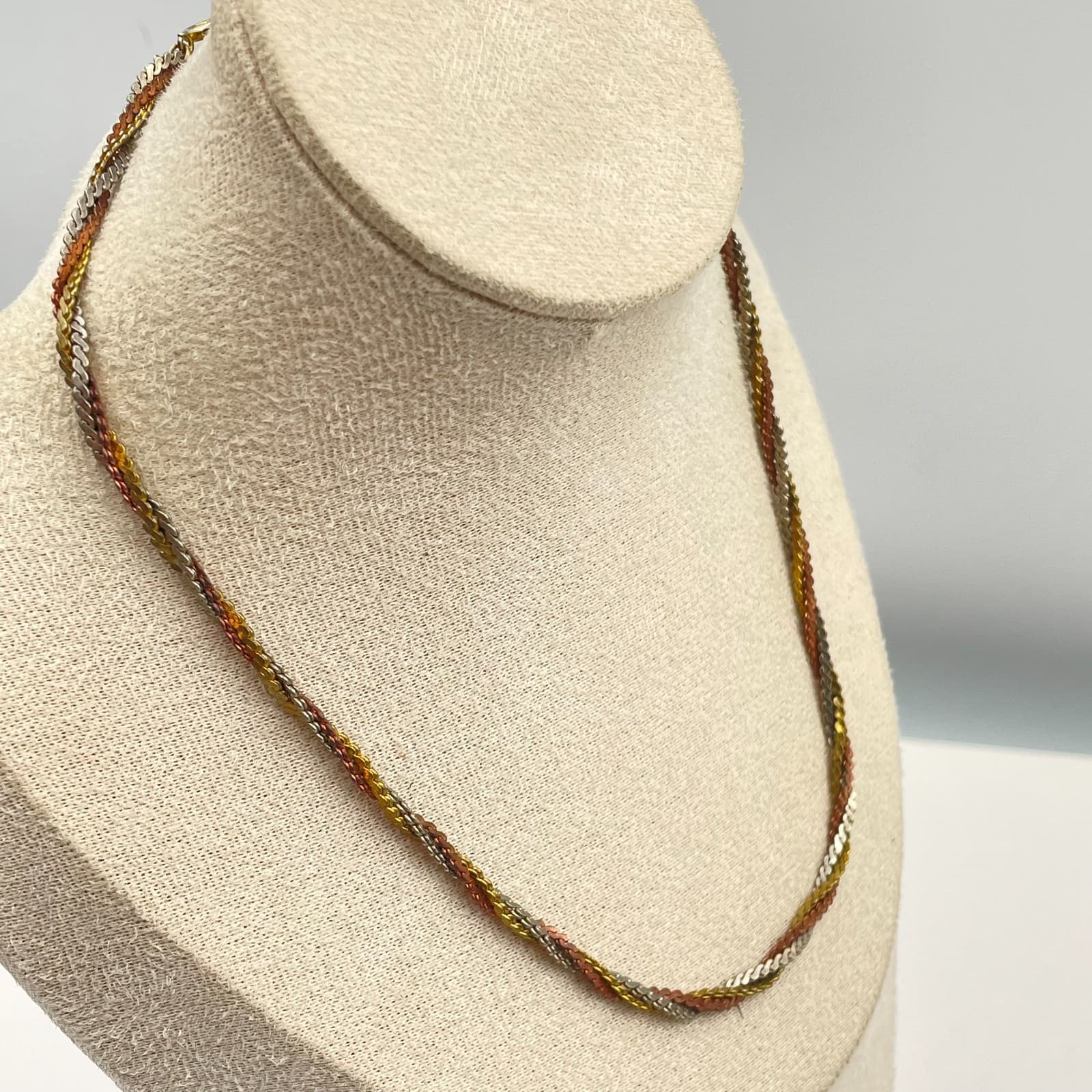 Vtg Tri-Color Gold Silver Copper Toned Woven Mesh Braided Herringbone Necklace - Thumbnail 5