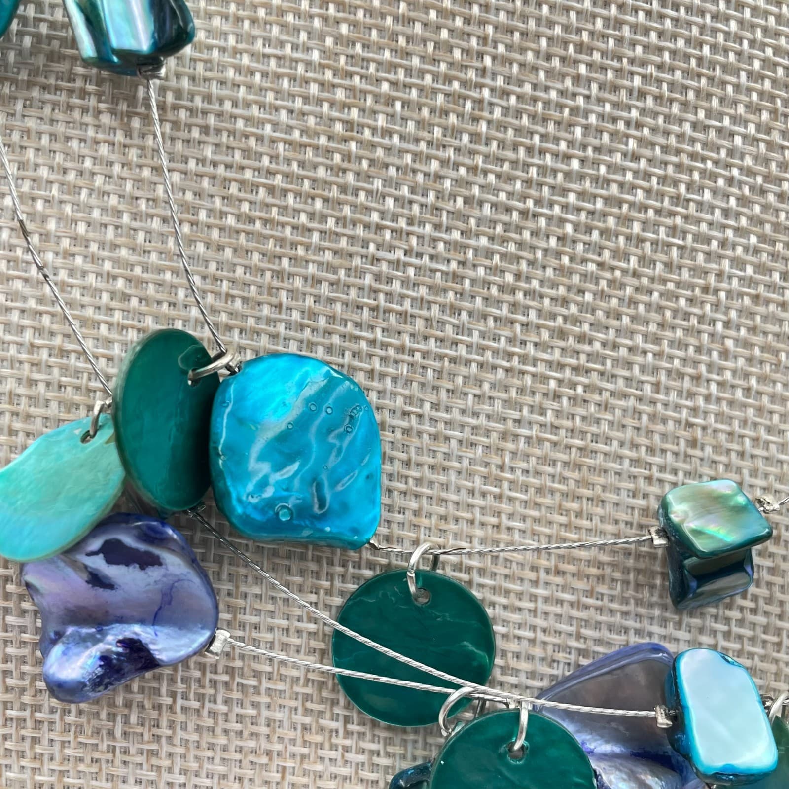 Vtg Boho Nautical Teal Shell Layered Necklace Iridescent Abalone Style Beaded - Thumbnail 3