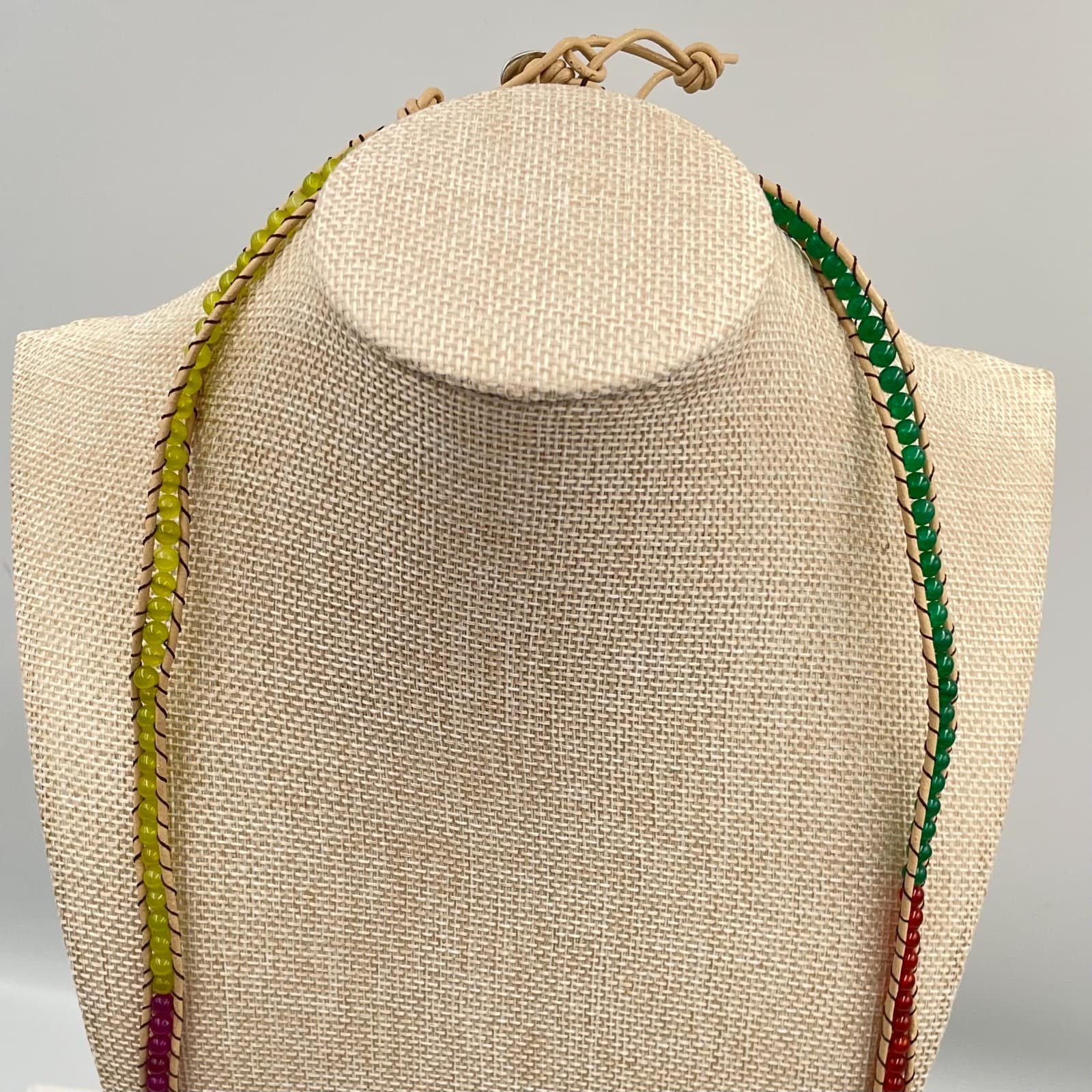 Vtg Handmade Style Leather & Bead Wrap Necklace Multi-Color Rainbow Boho Jewelry - Image 1