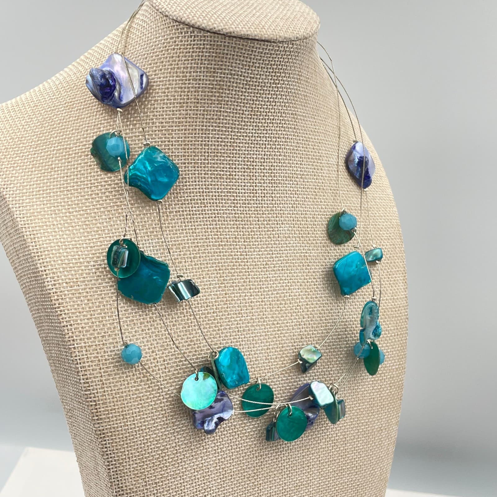 Vtg Boho Nautical Teal Shell Layered Necklace Iridescent Abalone Style Beaded - Thumbnail 4