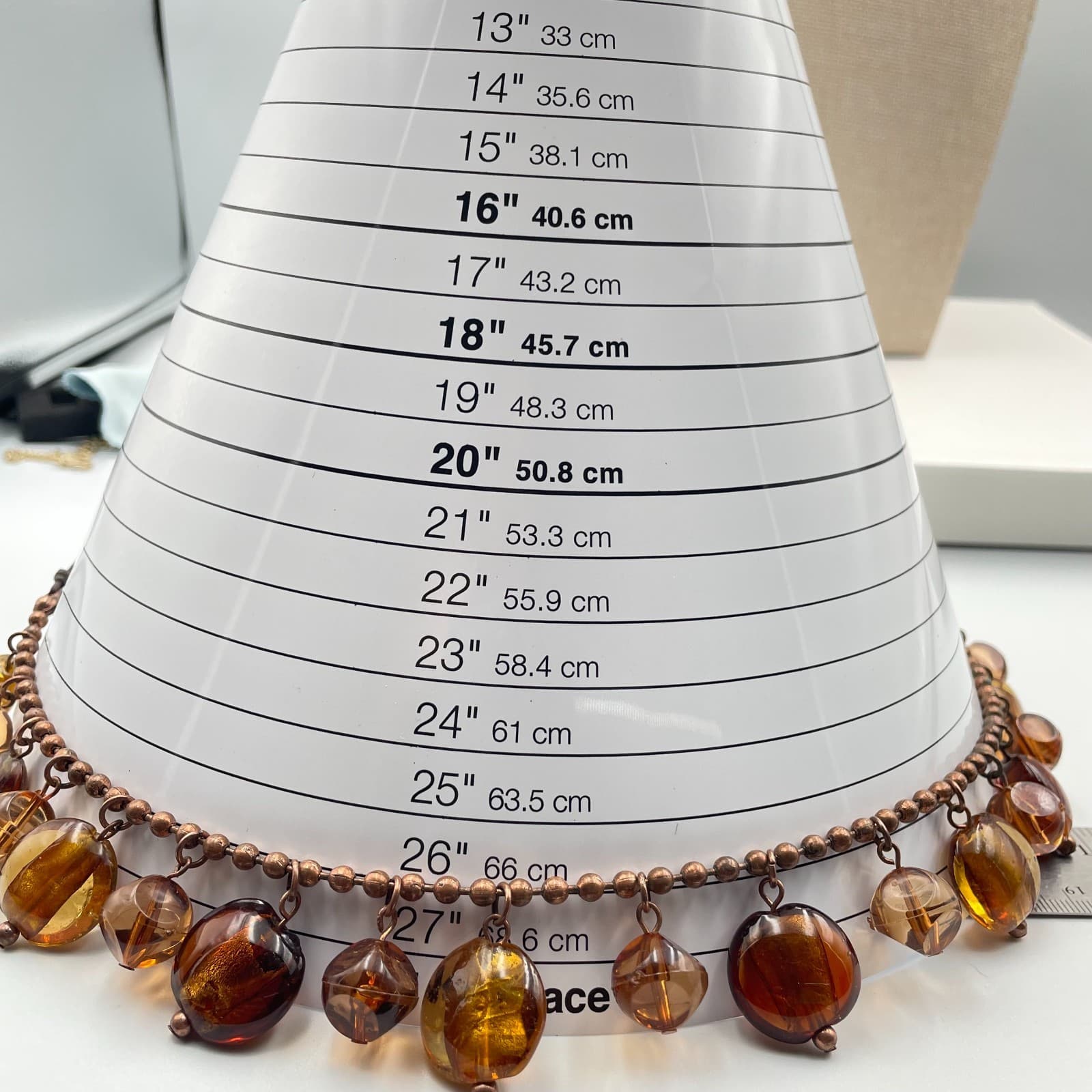 Vtg Amber Glass Bead Fringe Statement Necklace Copper Tone Ball Chain Boho Chic - Thumbnail 7