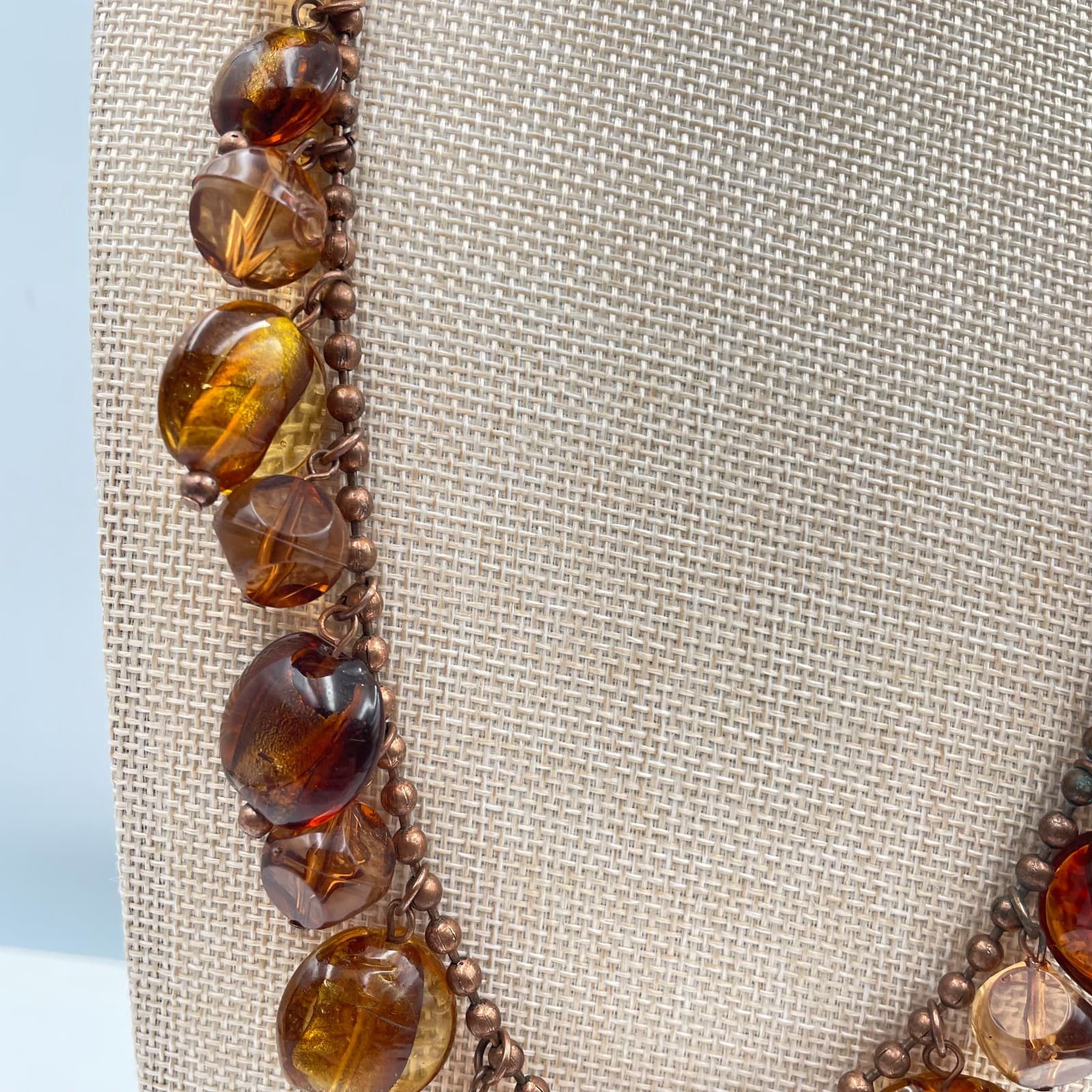 Vtg Amber Glass Bead Fringe Statement Necklace Copper Tone Ball Chain Boho Chic - Thumbnail 3