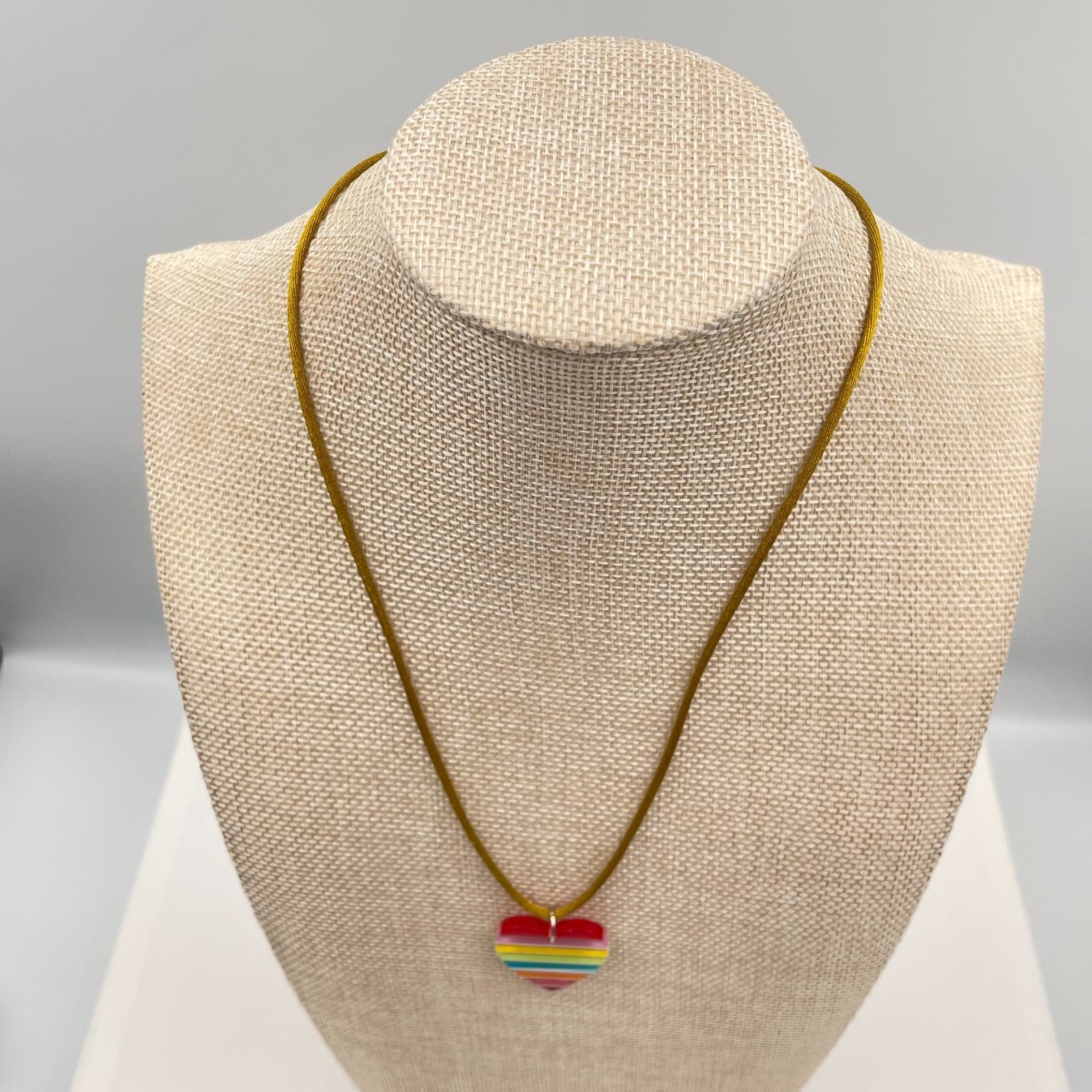 Vtg Rainbow Heart Necklace Pride Jewelry Striped Acrylic Pendant Gold Silk Cord - Thumbnail 2