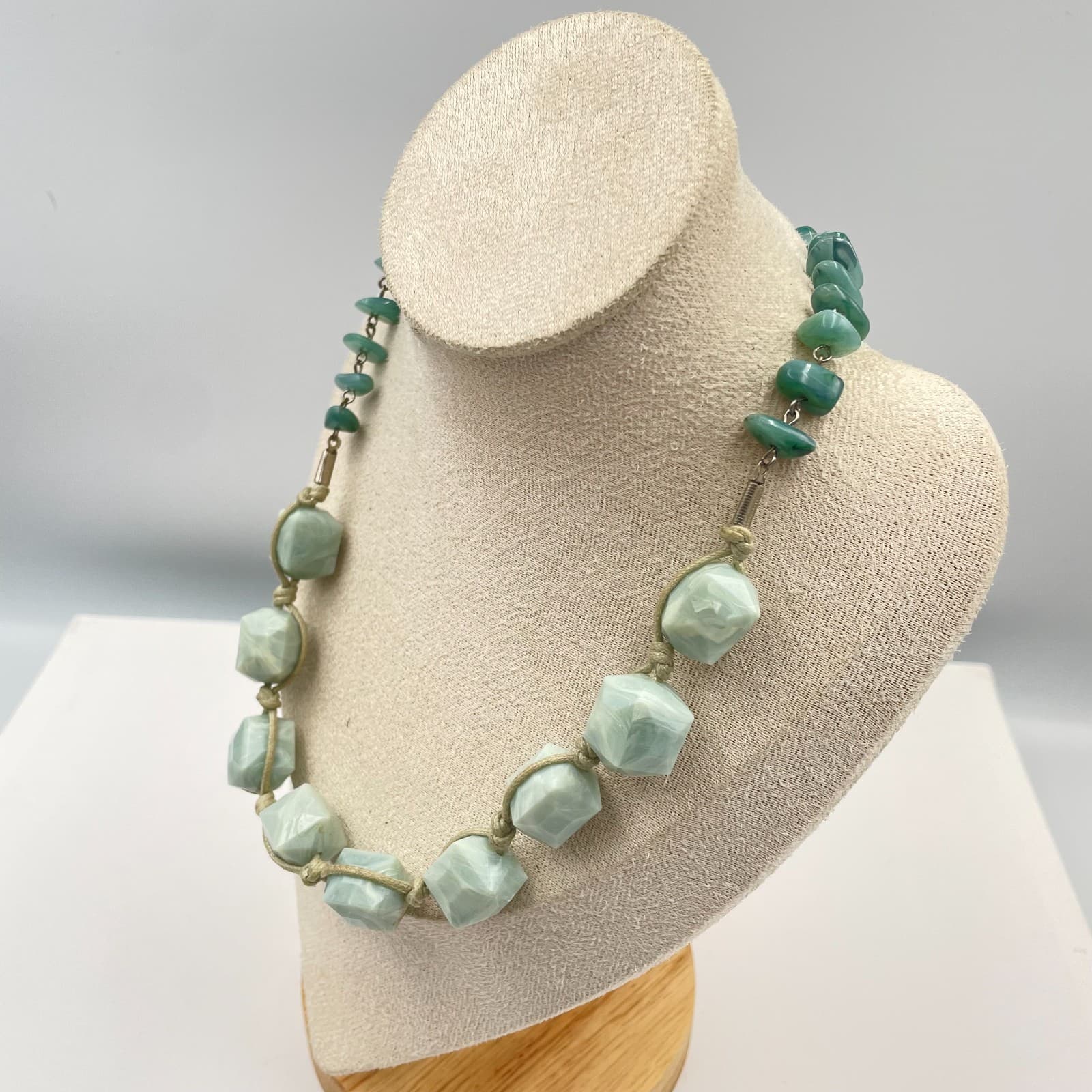 Vtg Artisan Green Amazonite Style Faceted Bead Necklace Statement Stone Jewelry - Thumbnail 4