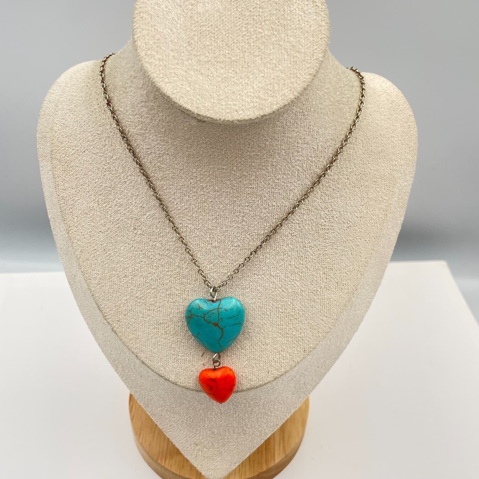 Vintage Boho Turquoise & Red Coral Heart Pendant Necklace Layered Love Jewelry - Image 1