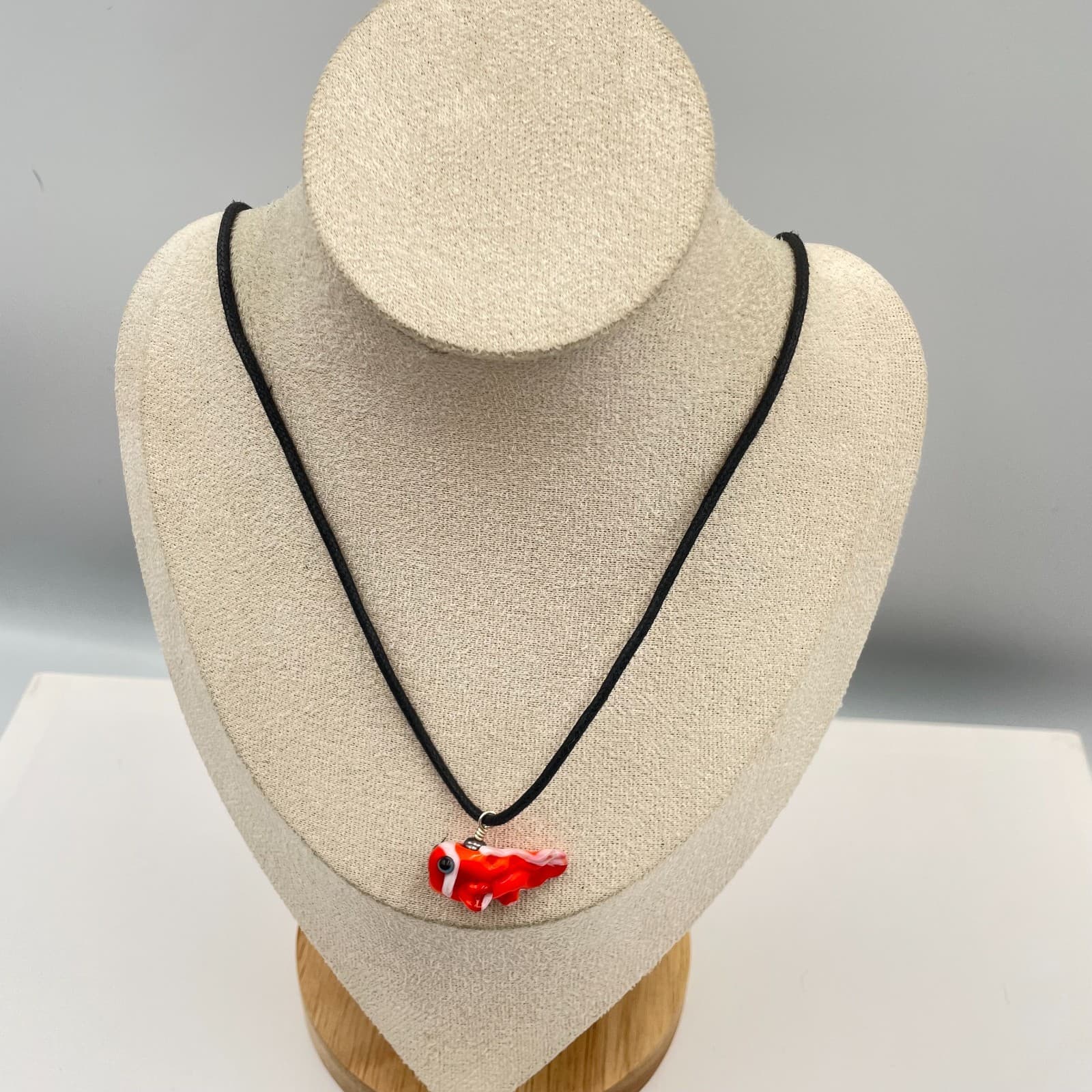 Vintage Clownfish Glass Pendant Necklace Adjustable Black Cord Nautical Ocean - Image 1