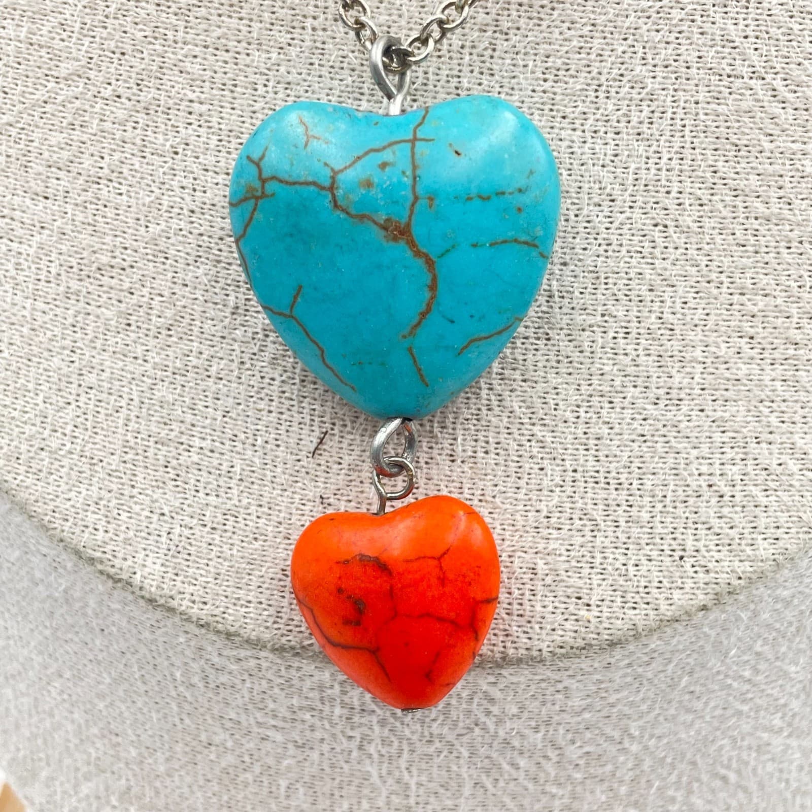 Vintage Boho Turquoise & Red Coral Heart Pendant Necklace Layered Love Jewelry - Thumbnail 3
