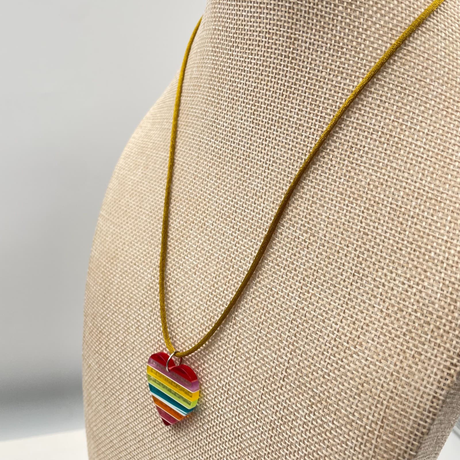 Vtg Rainbow Heart Necklace Pride Jewelry Striped Acrylic Pendant Gold Silk Cord - Thumbnail 5