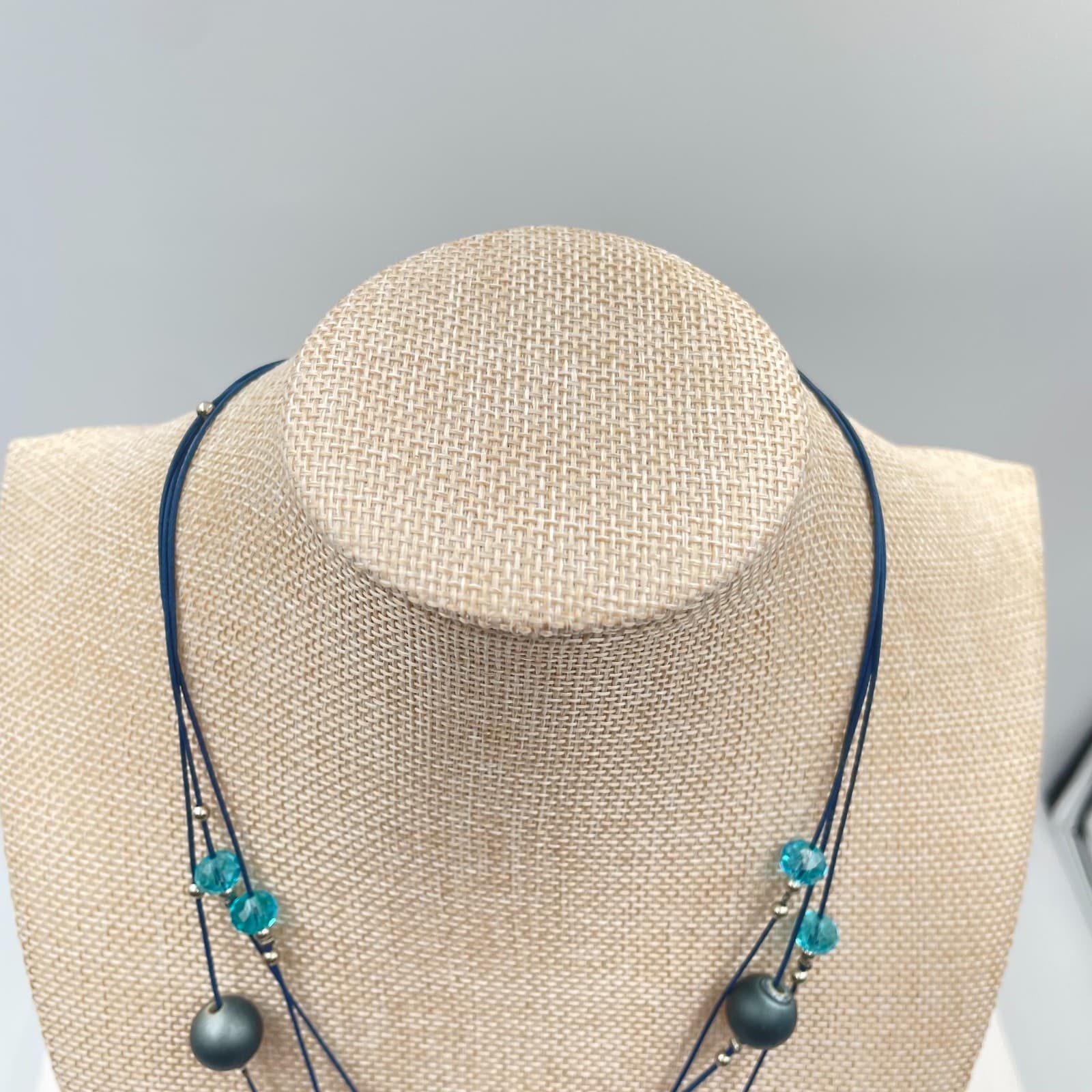Vtg Artisan Multi-Layer Blue Cord Necklace Teal Glass Crystal Gunmetal Grey Bead - Thumbnail 2
