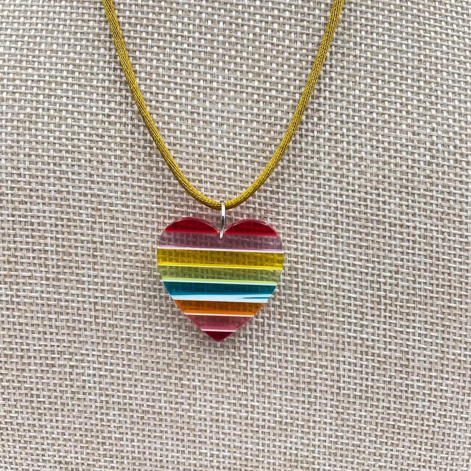 Vtg Rainbow Heart Necklace Pride Jewelry Striped Acrylic Pendant Gold Silk Cord - Thumbnail 4
