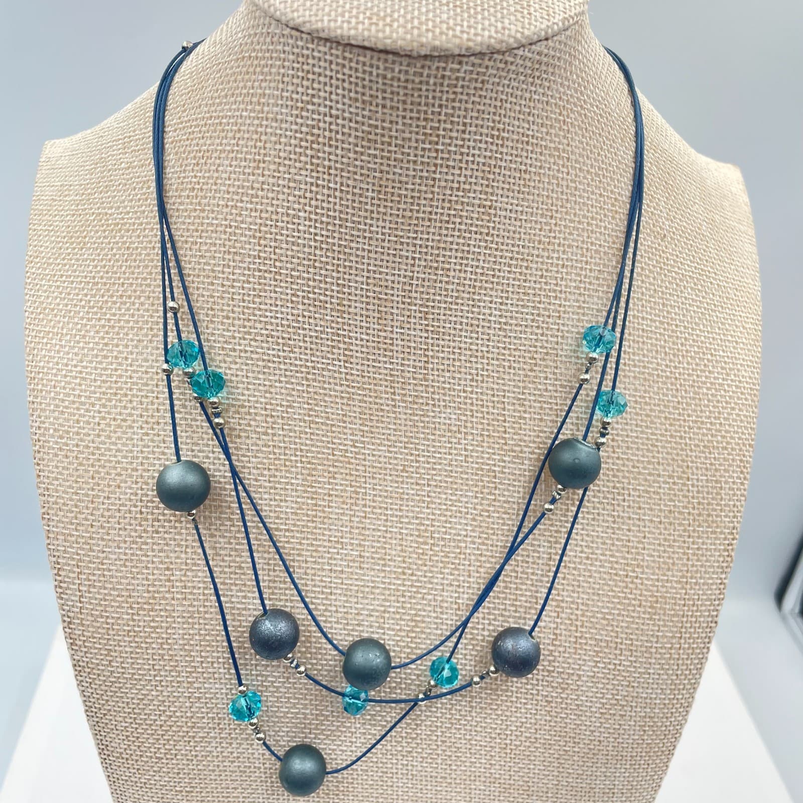 Vtg Artisan Multi-Layer Blue Cord Necklace Teal Glass Crystal Gunmetal Grey Bead - Image 1