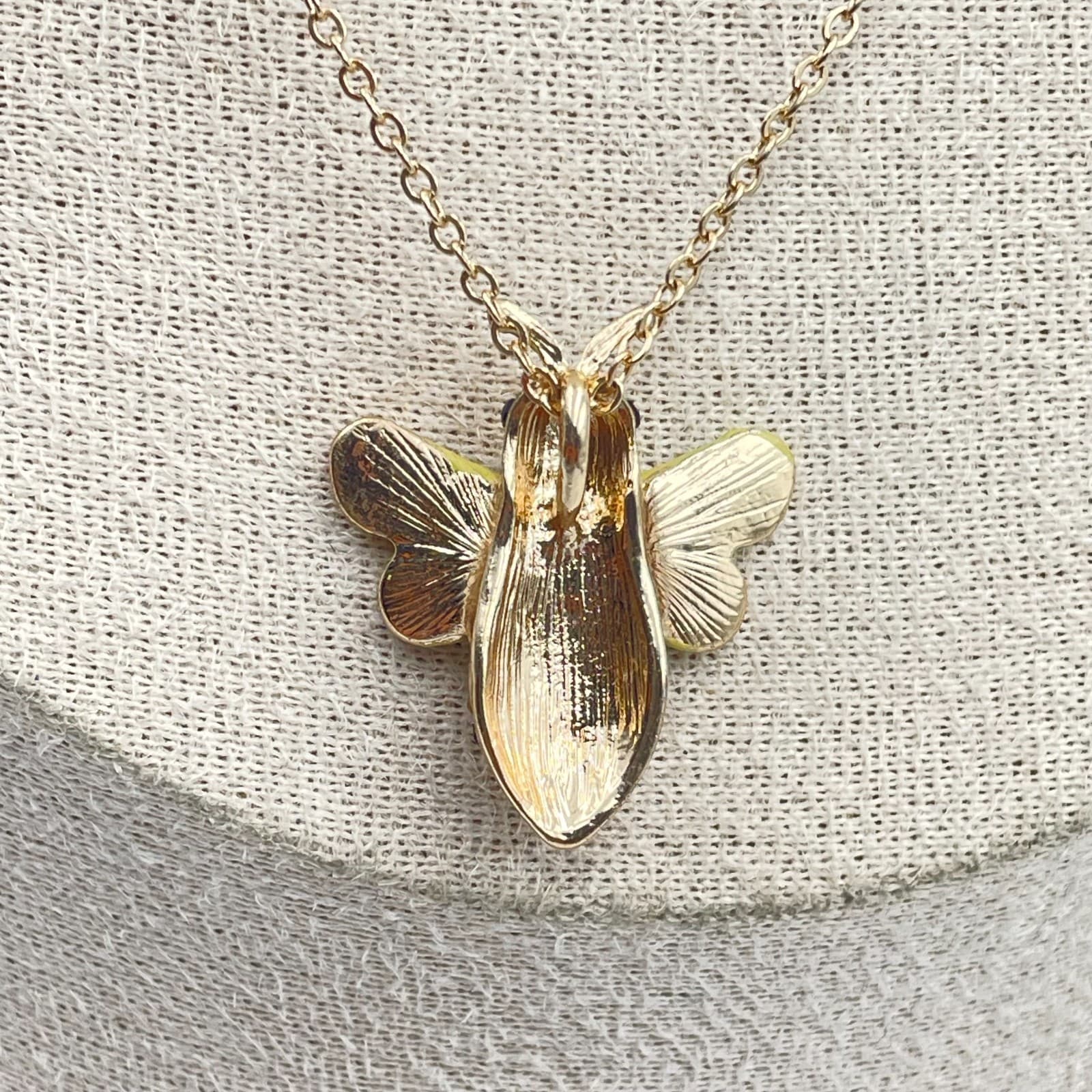 Vtg Gold Tone Bumble Bee Pendant Necklace Yellow Enamel Rhinestone Crystal Bee - Thumbnail 5