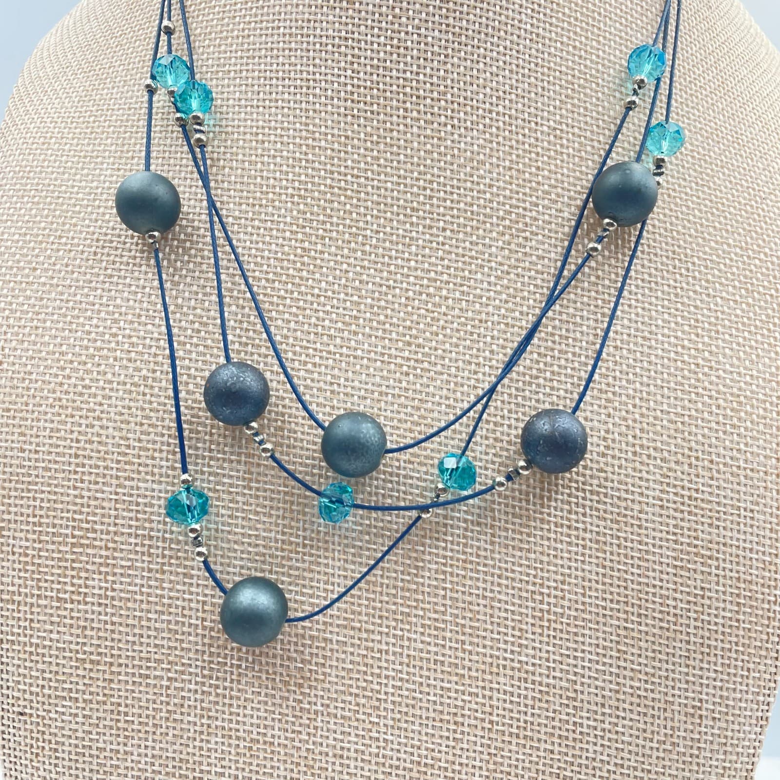 Vtg Artisan Multi-Layer Blue Cord Necklace Teal Glass Crystal Gunmetal Grey Bead - Thumbnail 3
