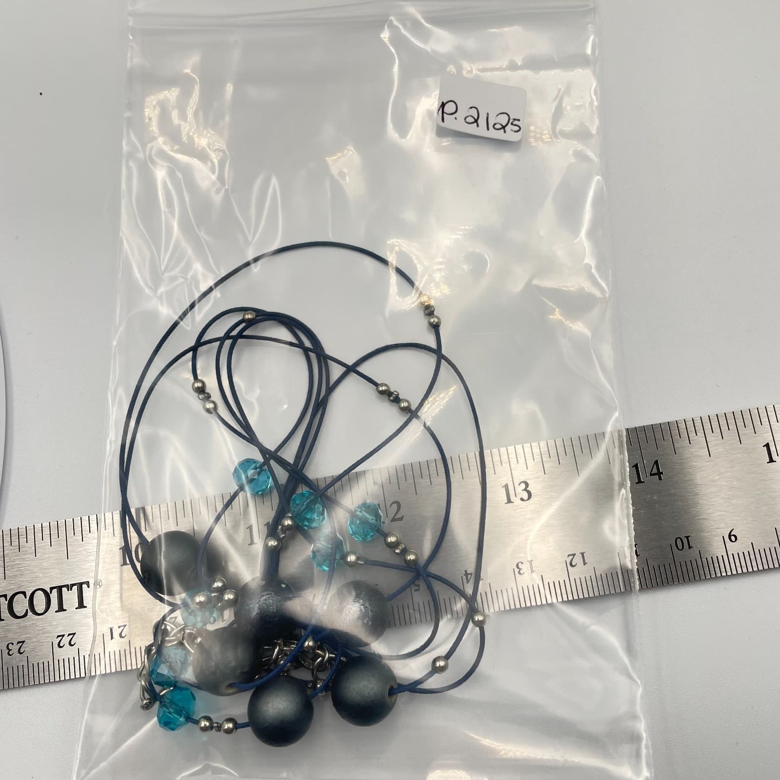 Vtg Artisan Multi-Layer Blue Cord Necklace Teal Glass Crystal Gunmetal Grey Bead - Thumbnail 8