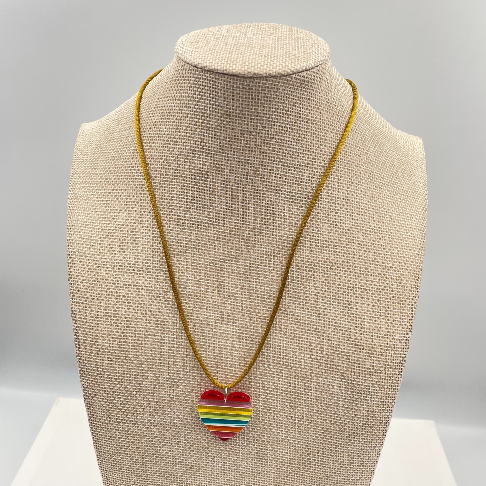 Vtg Rainbow Heart Necklace Pride Jewelry Striped Acrylic Pendant Gold Silk Cord - Image 1