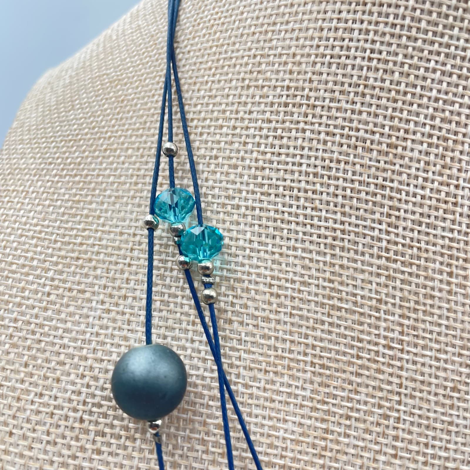 Vtg Artisan Multi-Layer Blue Cord Necklace Teal Glass Crystal Gunmetal Grey Bead - Thumbnail 4