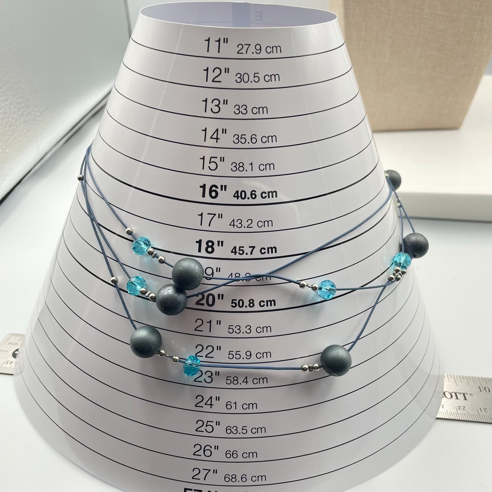 Vtg Artisan Multi-Layer Blue Cord Necklace Teal Glass Crystal Gunmetal Grey Bead - Thumbnail 7