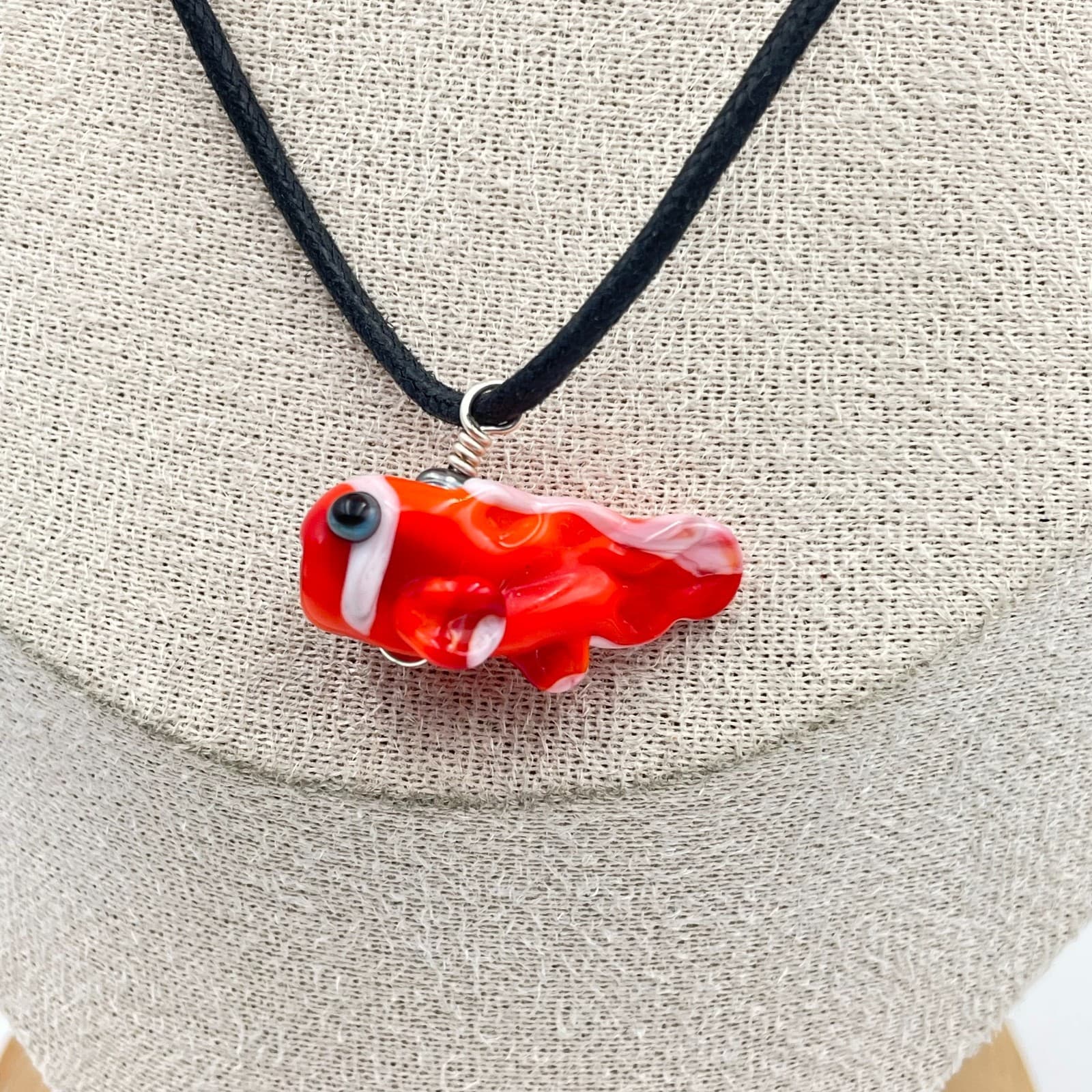 Vintage Clownfish Glass Pendant Necklace Adjustable Black Cord Nautical Ocean - Thumbnail 3