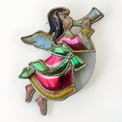Vintage Multicolor Enamel Angel Blowing Horn Christmas Novelty Brooch Pin 90s - Image 1
