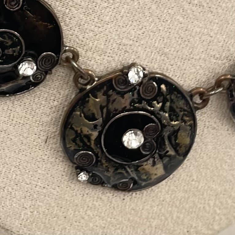 Vintage Boho Statement Necklace Mixed Metal Black Enamel Rhinestone Suede Cord - Thumbnail 2