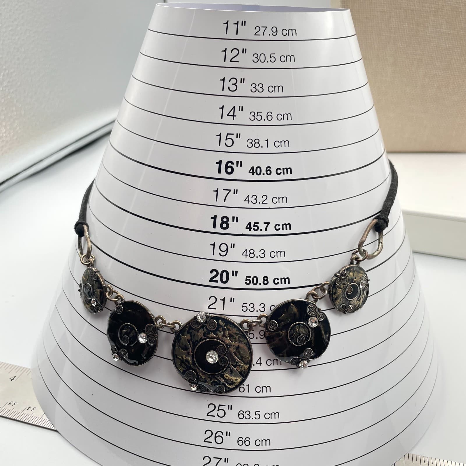 Vintage Boho Statement Necklace Mixed Metal Black Enamel Rhinestone Suede Cord - Thumbnail 10