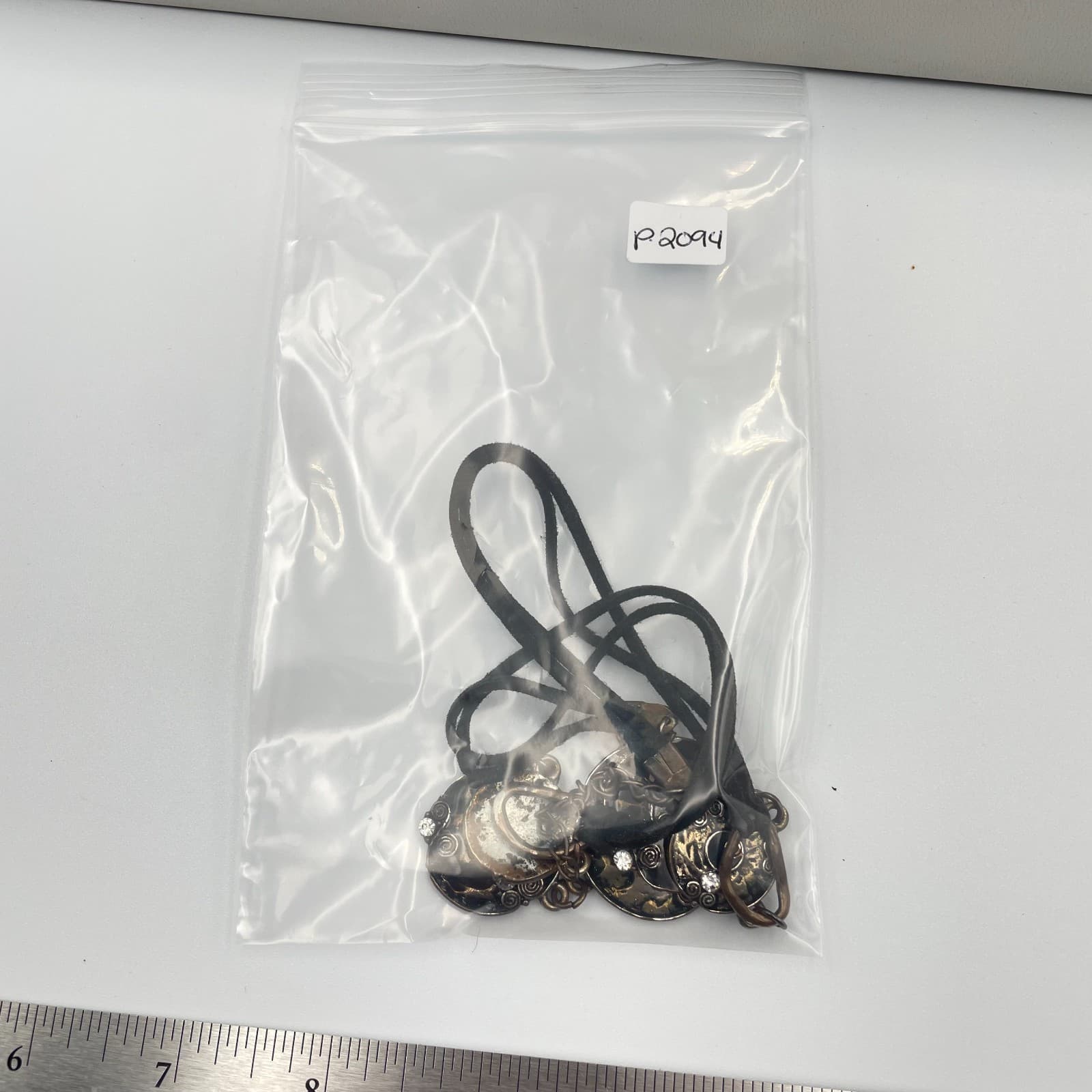 Vintage Boho Statement Necklace Mixed Metal Black Enamel Rhinestone Suede Cord - Thumbnail 11