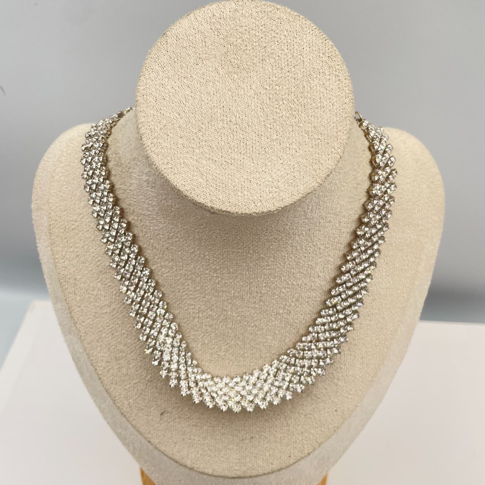 Vintage Silver Tone Multi Strand Rhinestone Choker Necklace Mid Century Wedding - Image 1