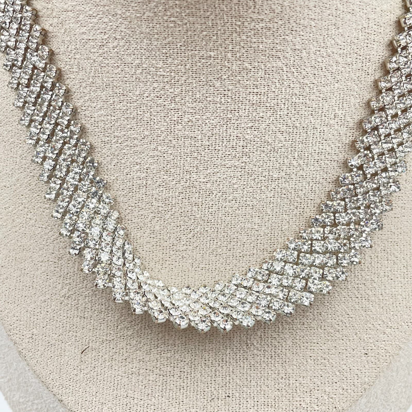 Vintage Silver Tone Multi Strand Rhinestone Choker Necklace Mid Century Wedding - Thumbnail 2