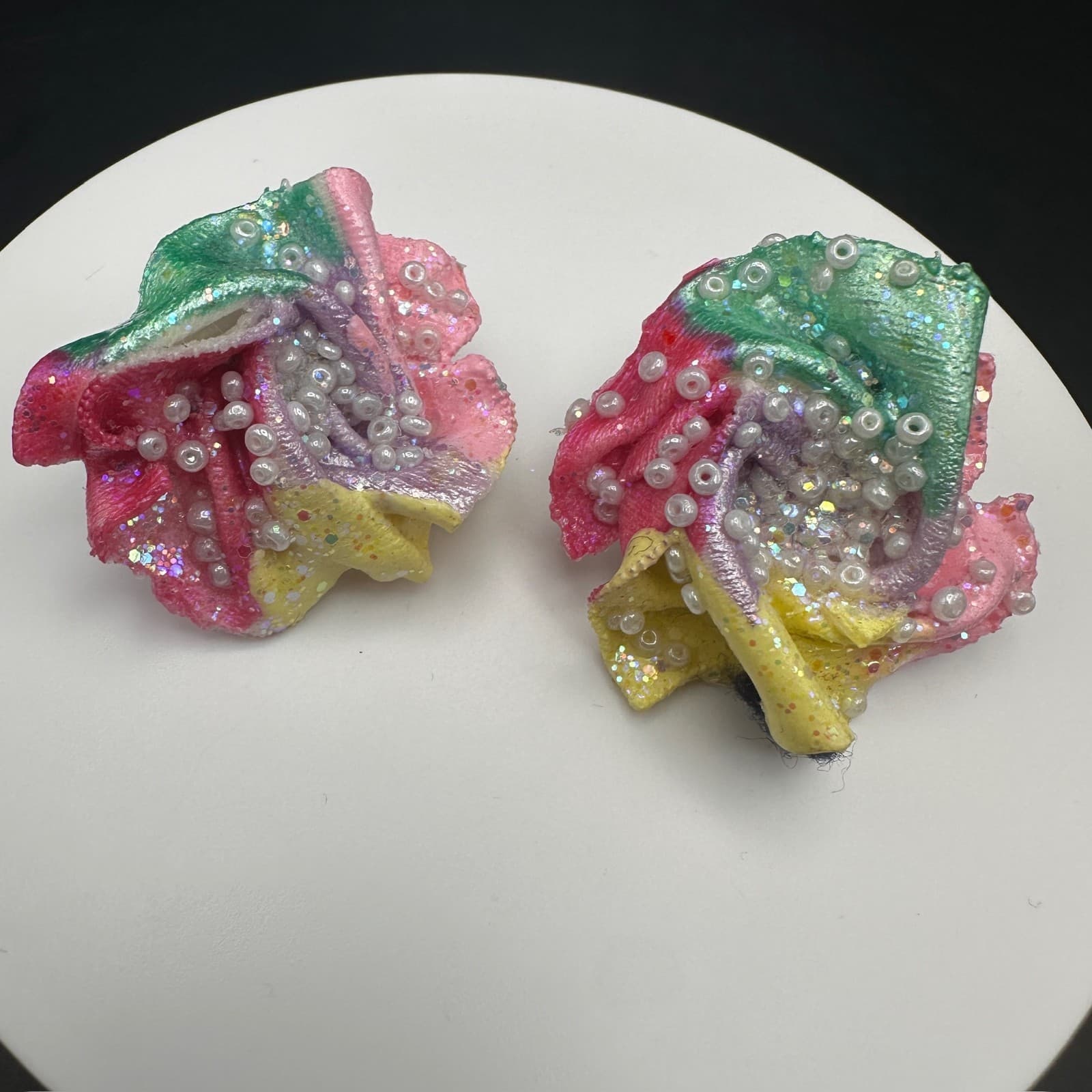 Vintage Y2K Stud Earrings Flower Faux Pearls Glitter Beaded Statement Jewellery - Thumbnail 2