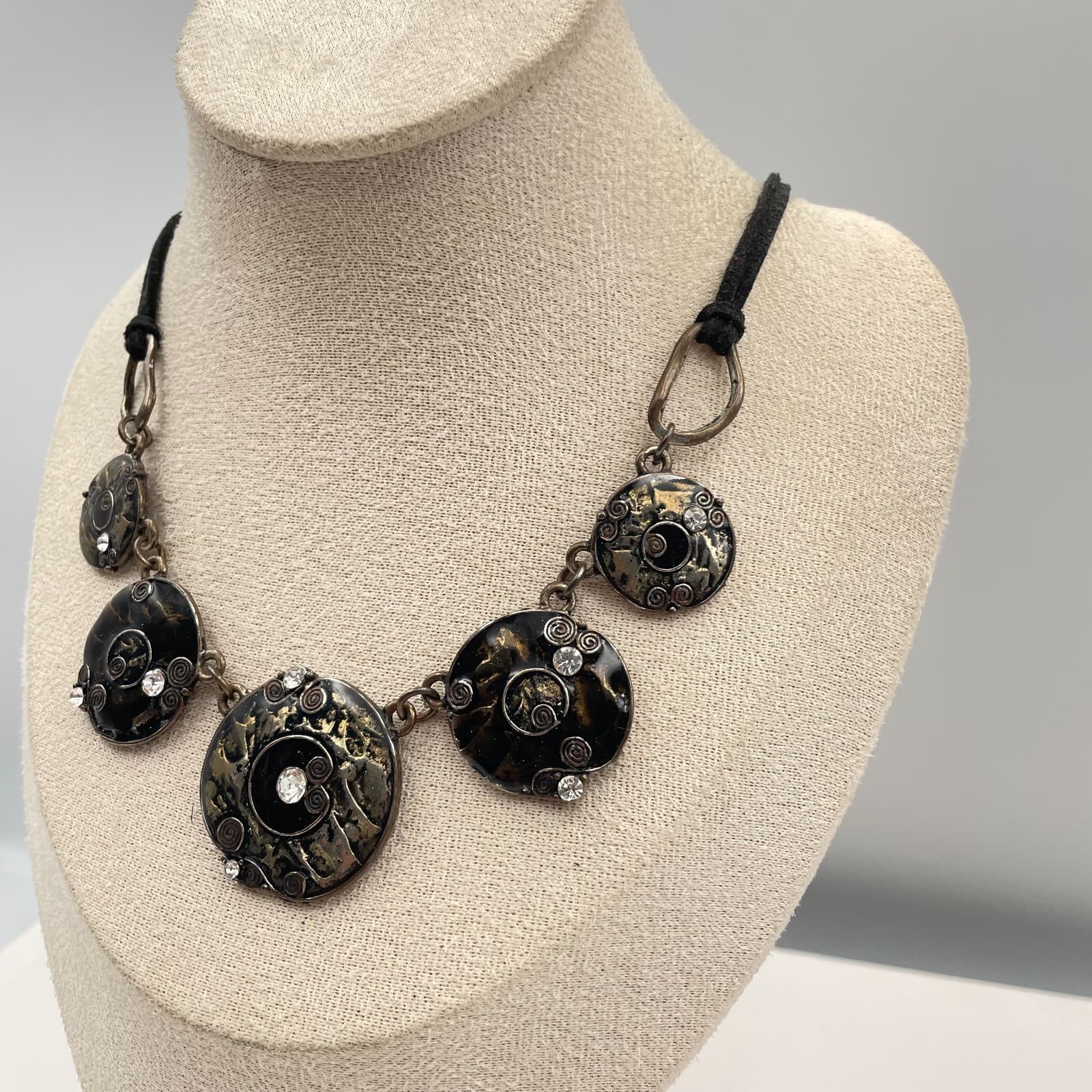 Vintage Boho Statement Necklace Mixed Metal Black Enamel Rhinestone Suede Cord - Thumbnail 3