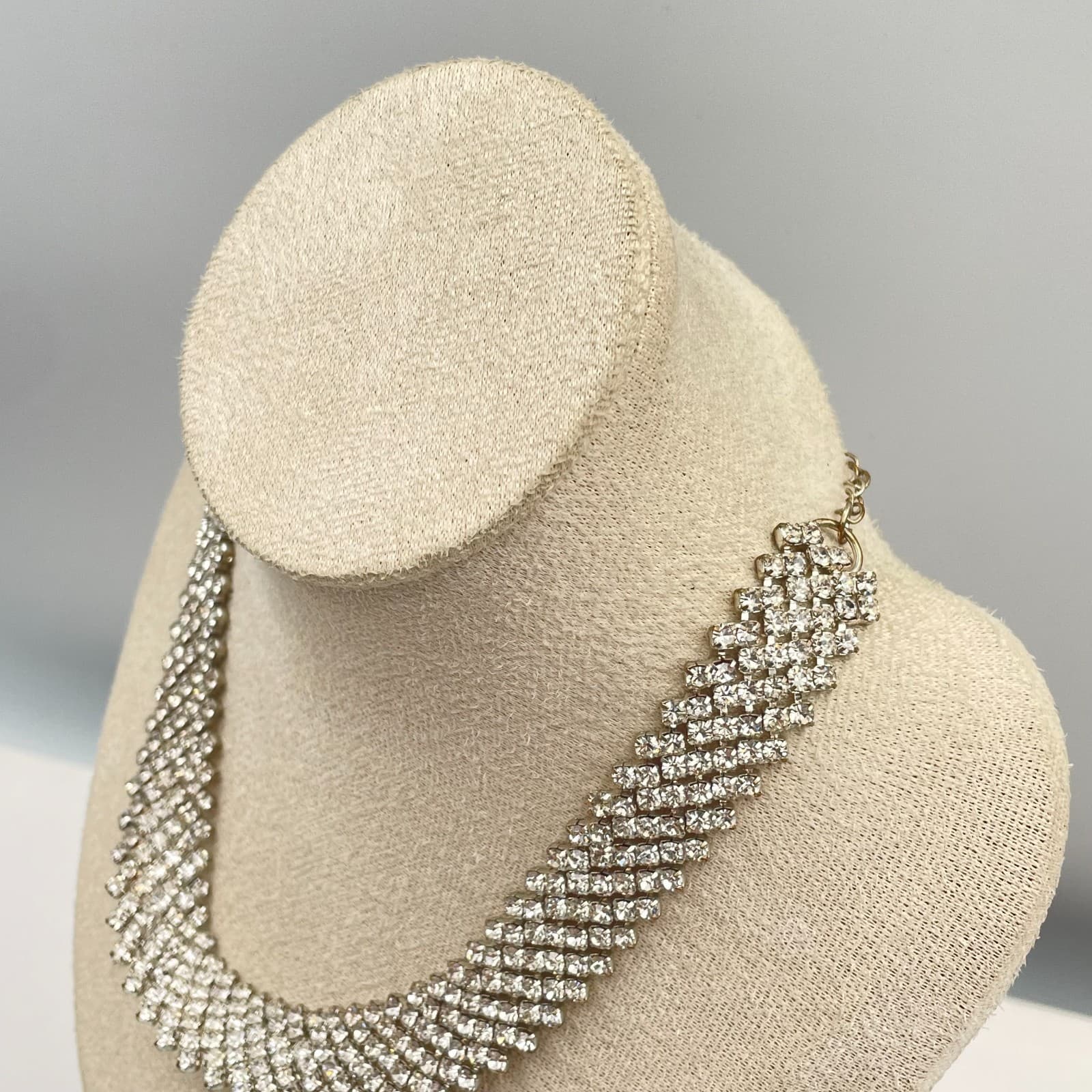 Vintage Silver Tone Multi Strand Rhinestone Choker Necklace Mid Century Wedding - Thumbnail 3