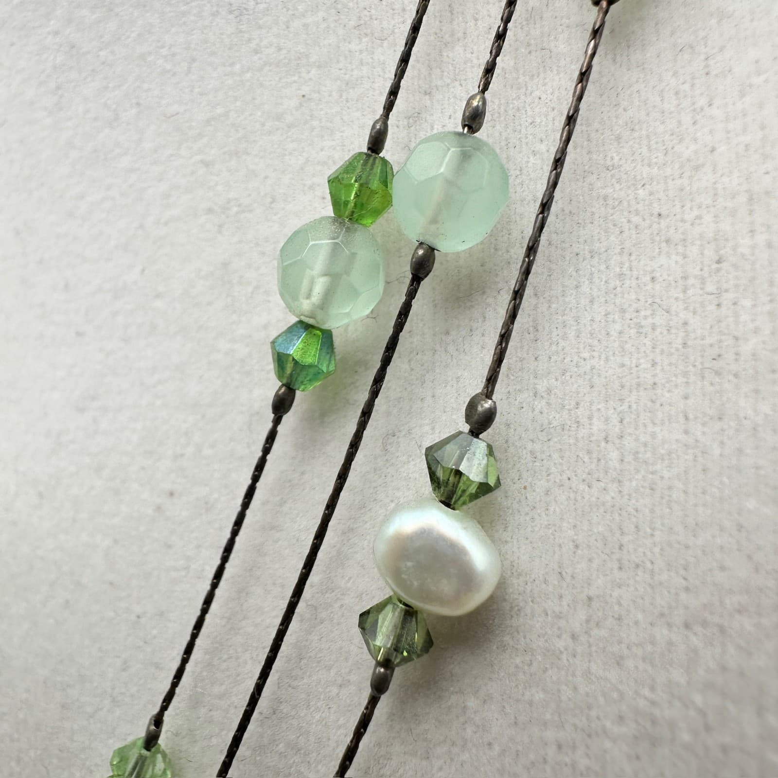 Vintage Y2K Multi-Strand Green Glass Pearl Necklace Women's Jewellery 9" - Thumbnail 4
