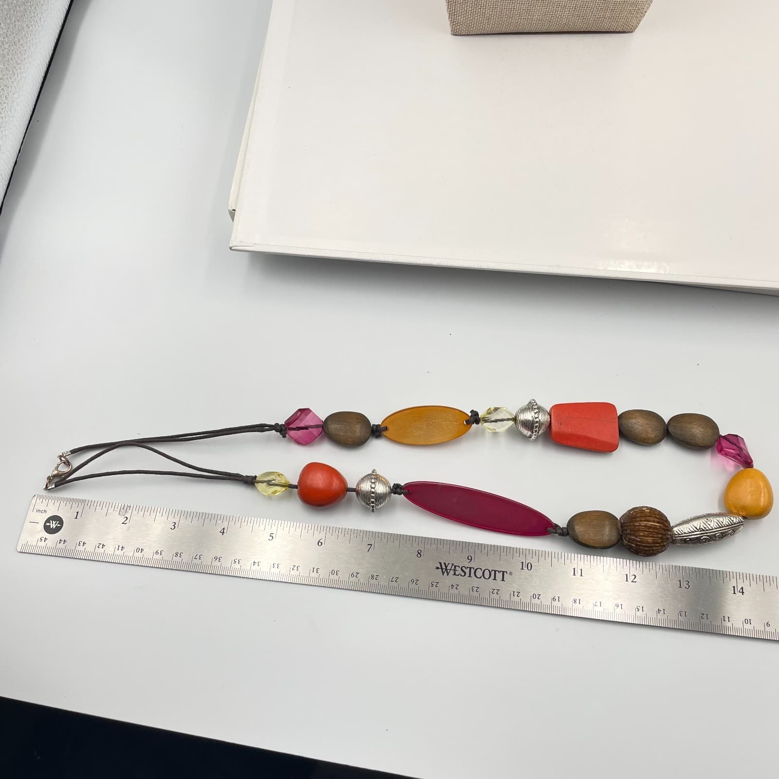 Vtg Boho Statement Necklace Chunky Multi-Color Wood Resin Glass Bead Silver Tone - Thumbnail 8