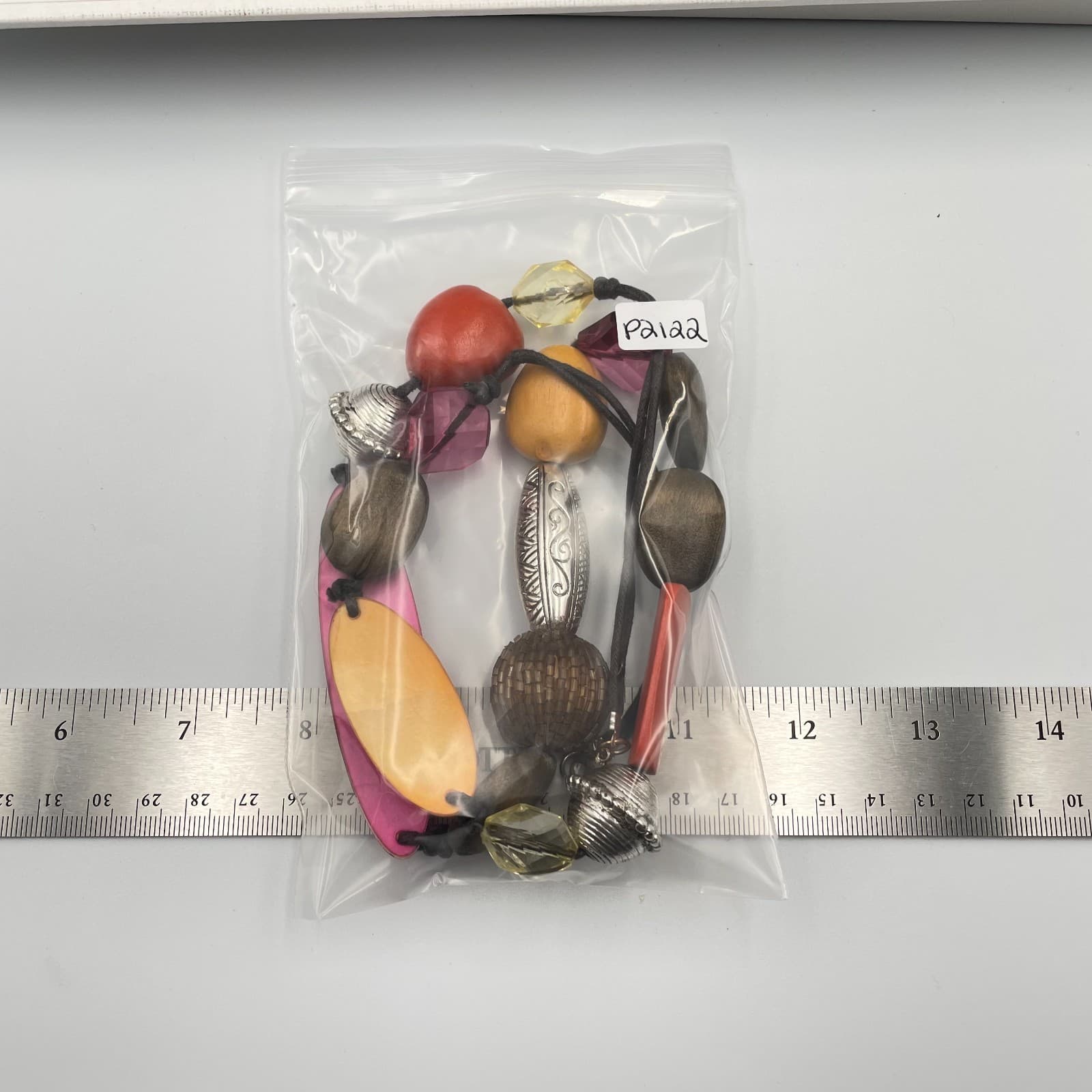 Vtg Boho Statement Necklace Chunky Multi-Color Wood Resin Glass Bead Silver Tone - Thumbnail 9