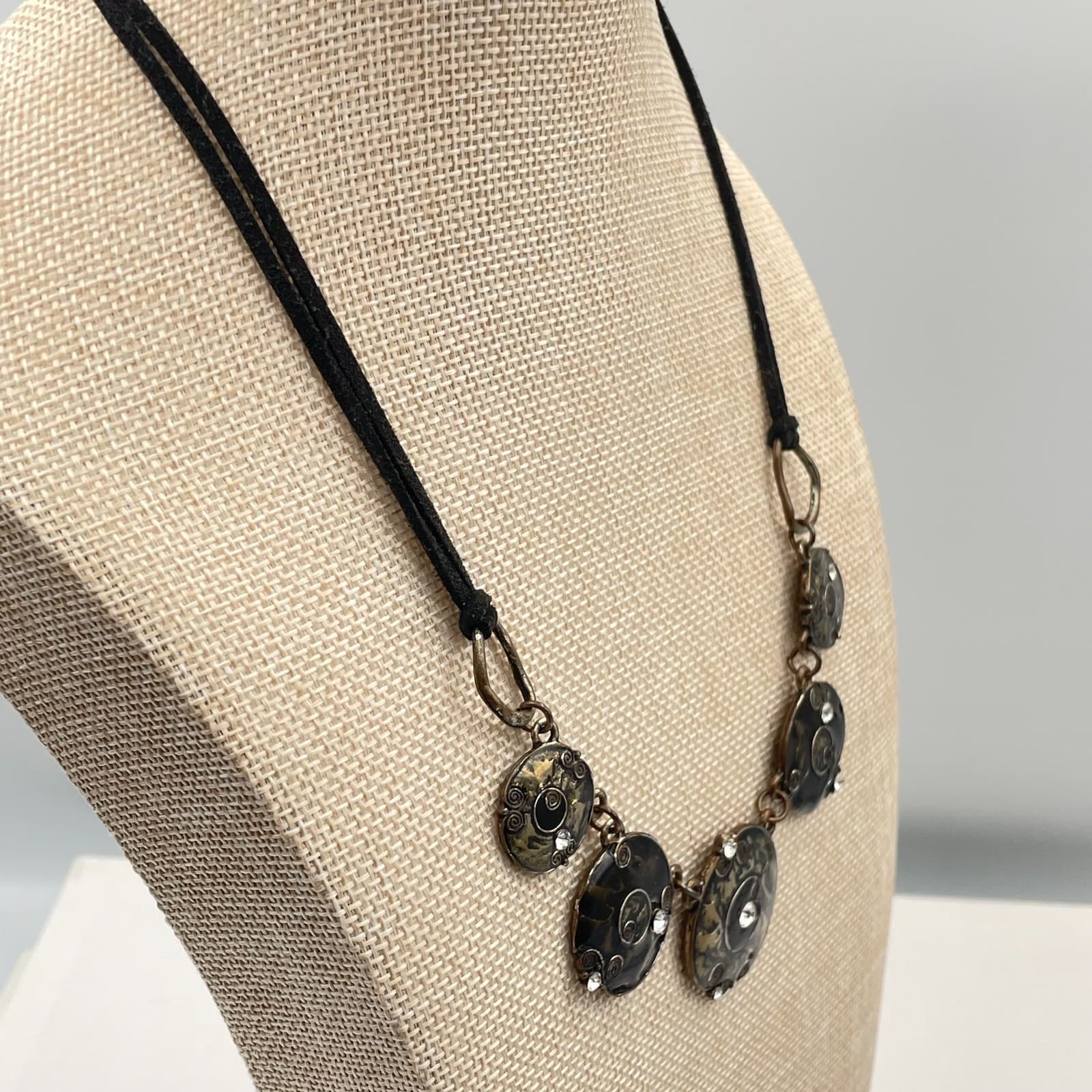 Vintage Boho Statement Necklace Mixed Metal Black Enamel Rhinestone Suede Cord - Thumbnail 6