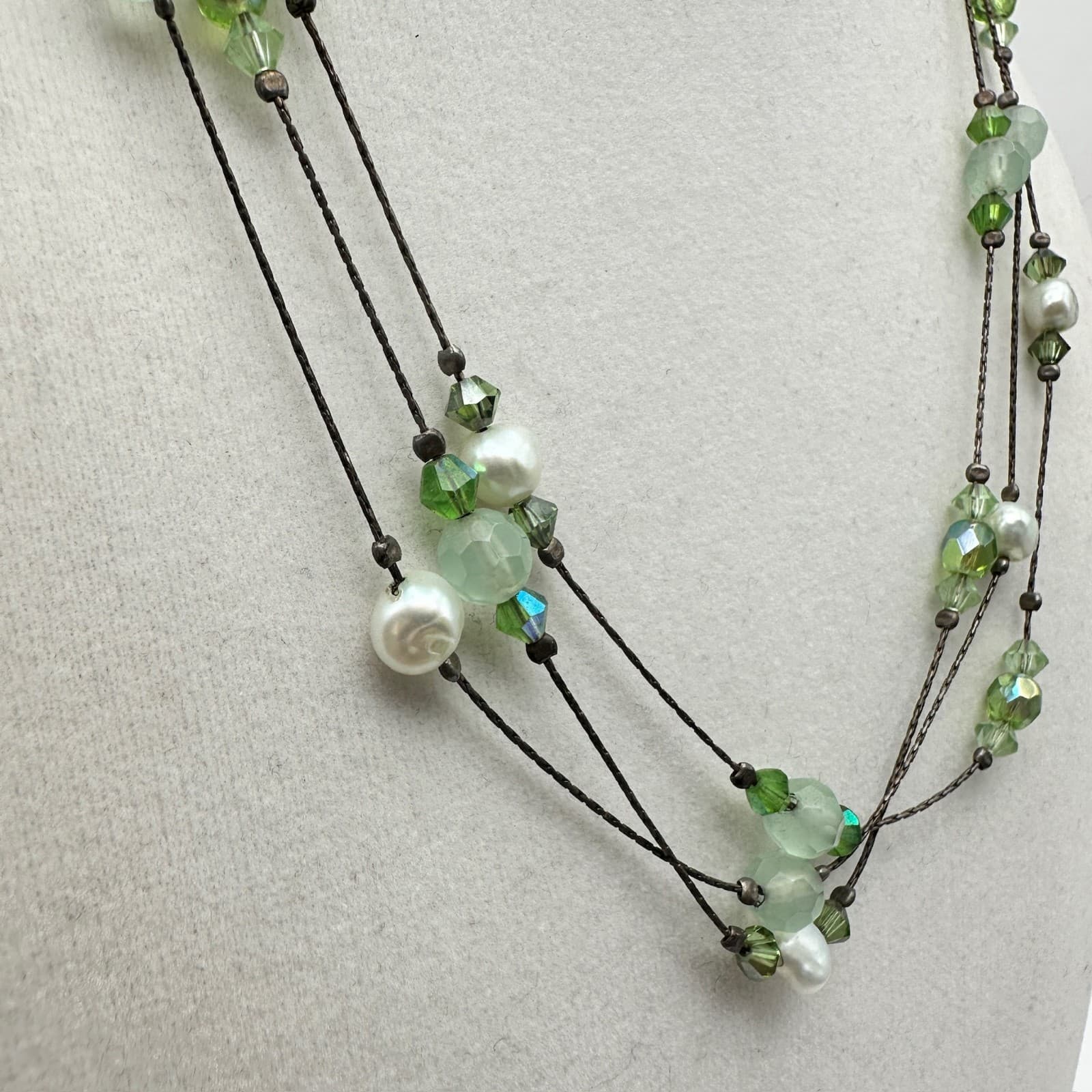 Vintage Y2K Multi-Strand Green Glass Pearl Necklace Women's Jewellery 9" - Thumbnail 2