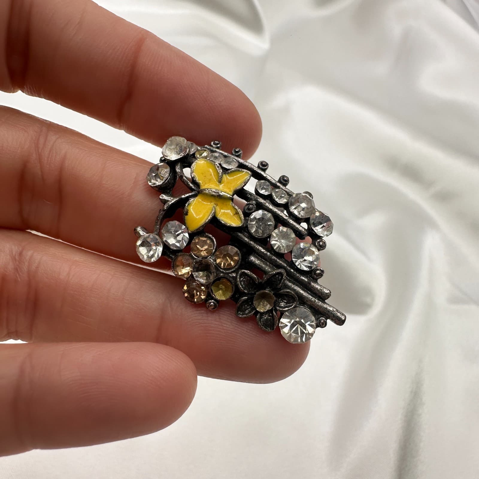 Vintage Y2K Silver Tone Yellow Enamel Butterfly Floral Statement Ring Rhinestone - Thumbnail 9