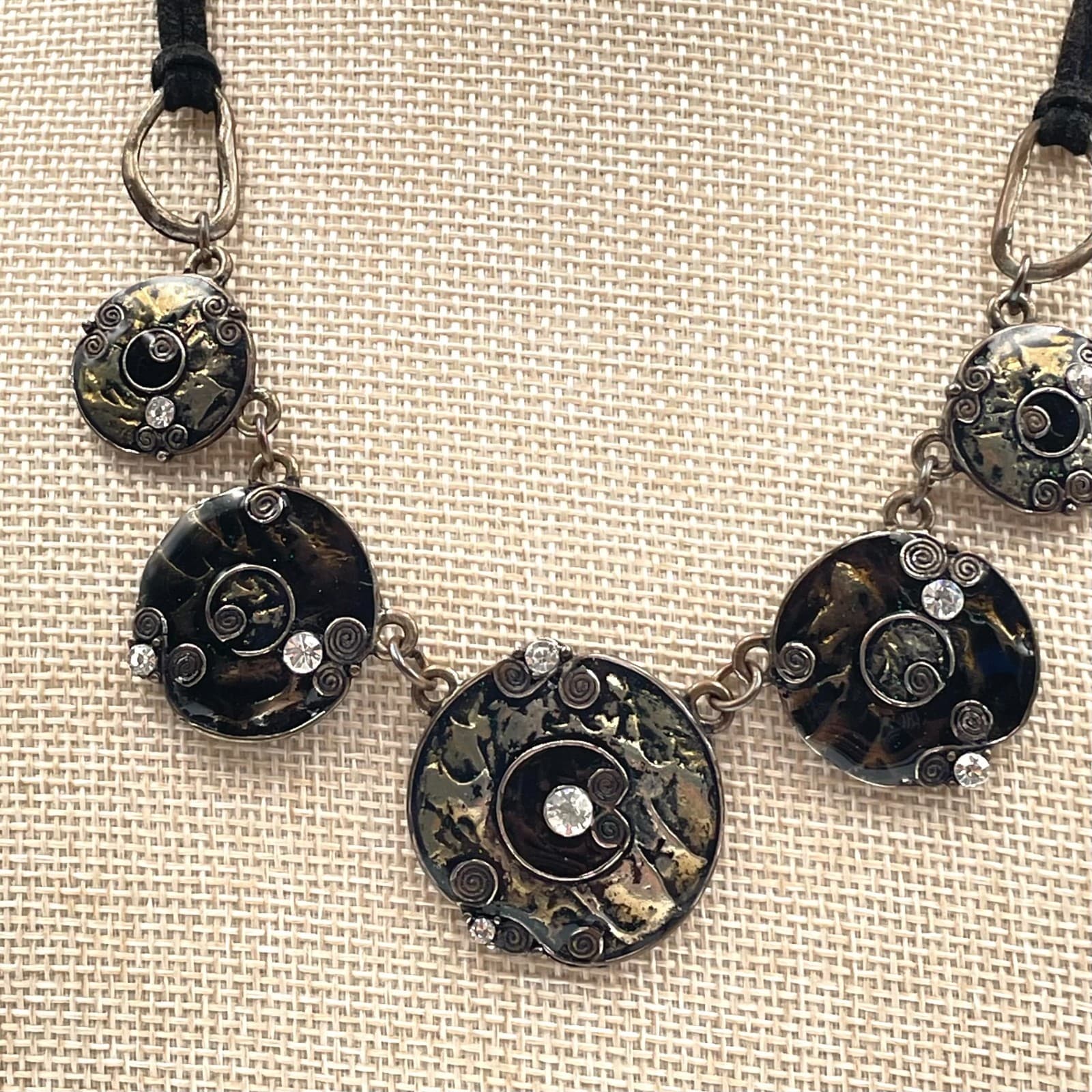 Vintage Boho Statement Necklace Mixed Metal Black Enamel Rhinestone Suede Cord - Thumbnail 5